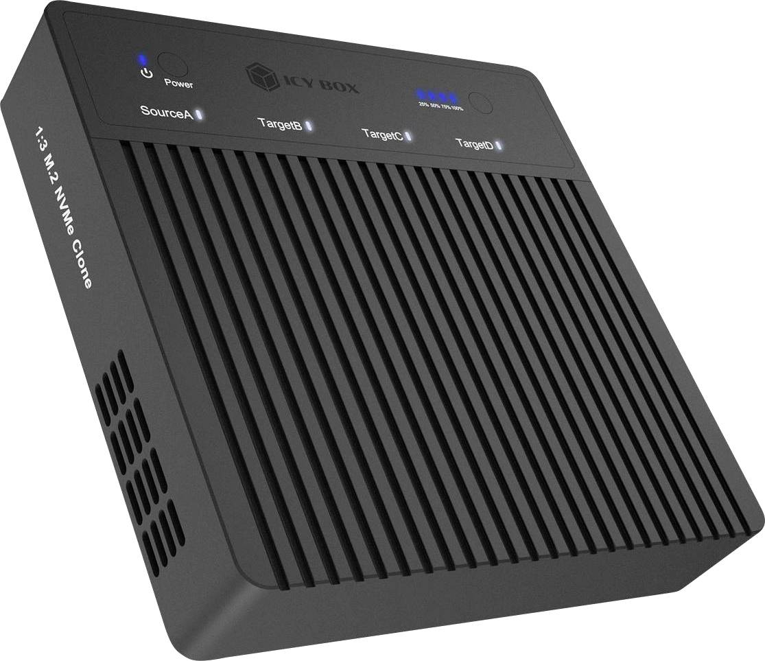 Stanice pro klonování NVMe 1-na-3 s černým pouzdrem, napájecím zdrojem a stavovými LED diodami pro zdroj a cíl na horní straně.