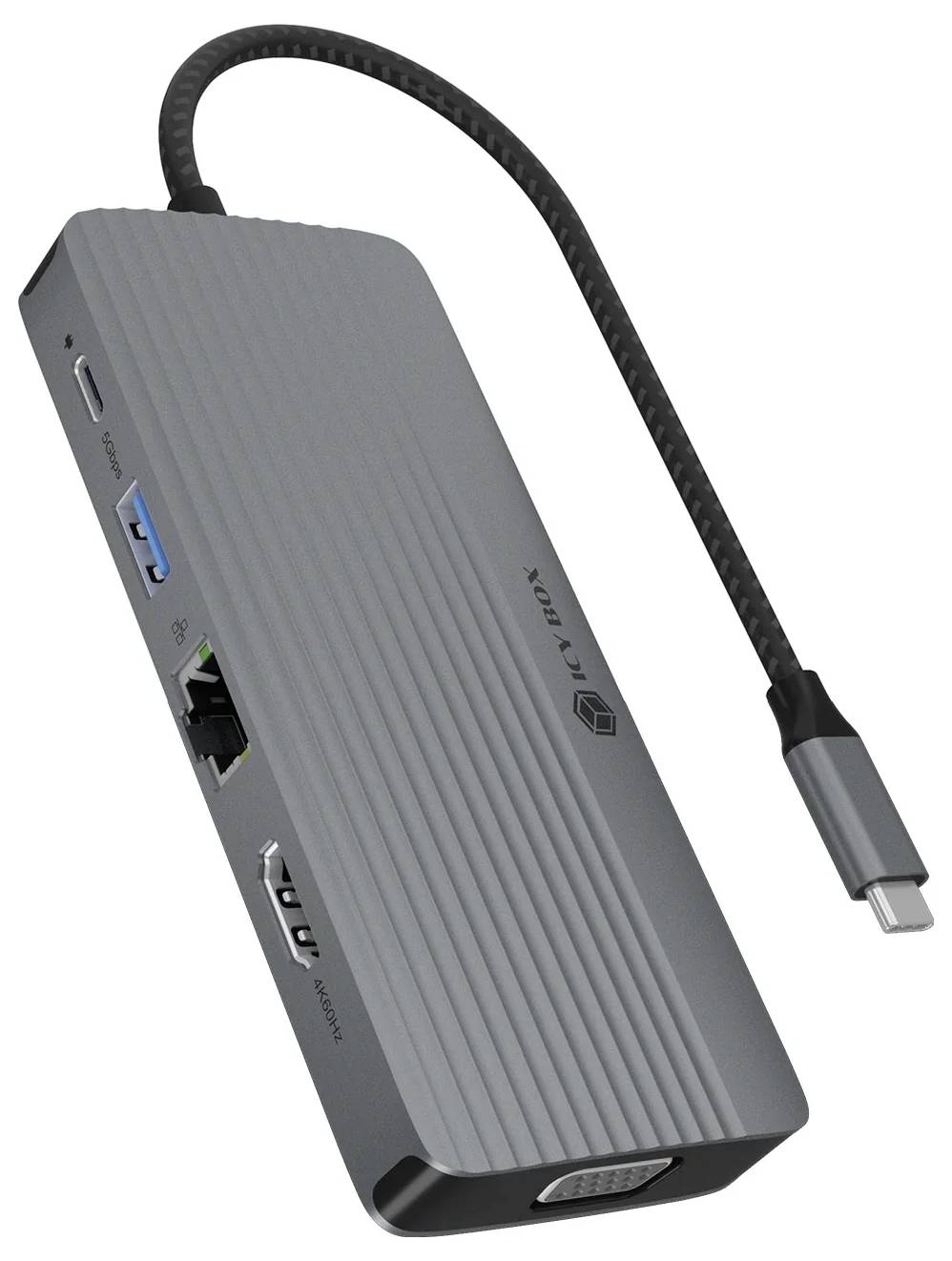 Šedý dokovací hub USB-C s připojeným kabelem, více bočními porty včetně USB, Ethernetu a HDMI, zobrazeno na bílém pozadí.