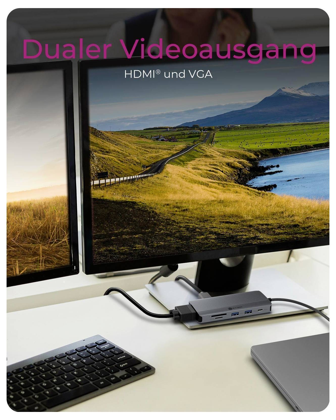 Dual monitor setup zobrazující dokovací stanici s textem „Dualer Videoausgang" a „HDMI a VGA", což naznačuje podporu duálního video výstupu.