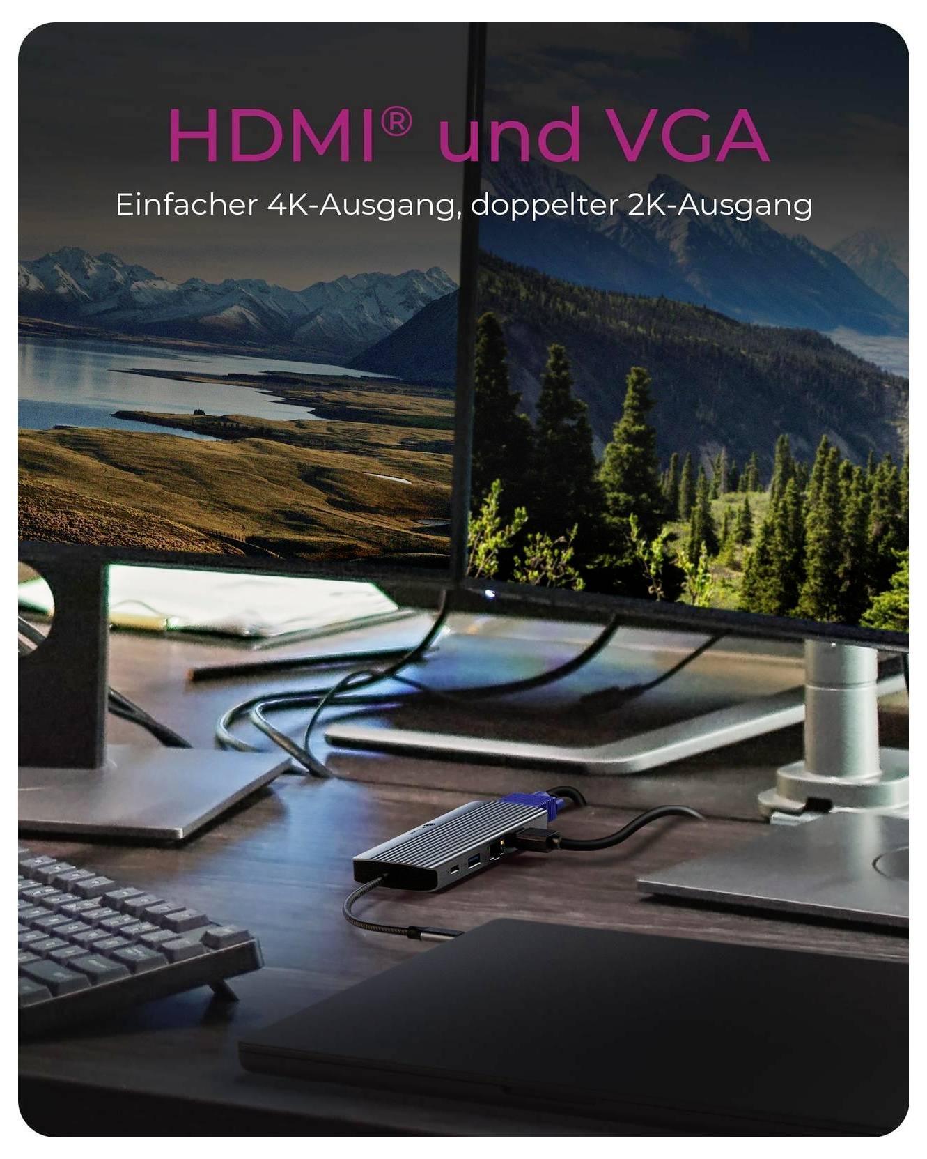 Nastavení stolního počítače se dvěma monitory s adaptérem HDMI a VGA; text zní „HDMI a VGA" a „Jednoduchý 4K výstup, dvojitý 2K výstup".