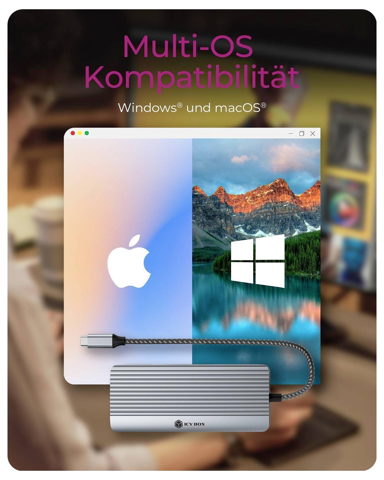 Reklamní grafika pro "Multi-OS Kompatibilita" zobrazující zařízení kompatibilní se systémy Windows a macOS, s logy Apple a Windows na rozděleném obrazovce.