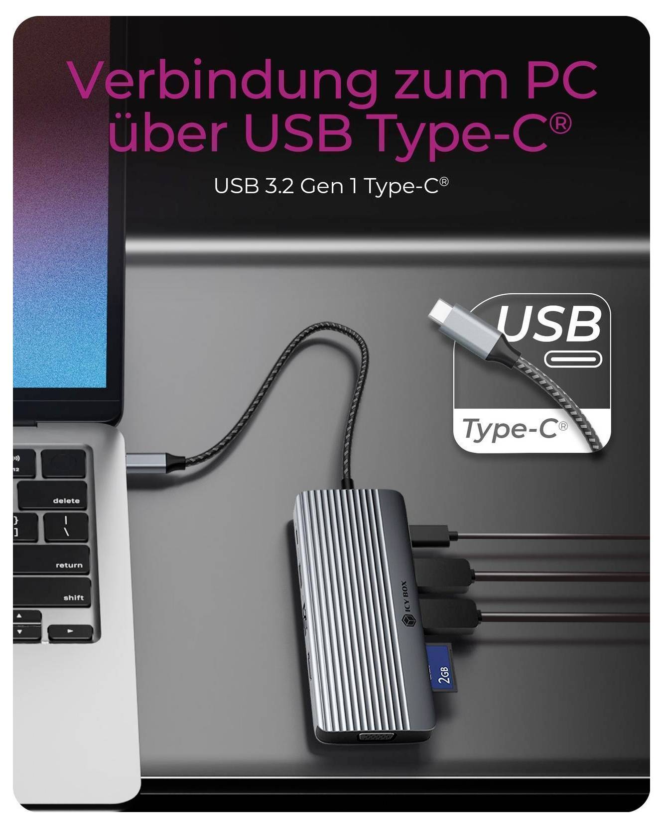 Připojení USB Type-C k PC, které ukazuje přenosný počítač propojený s dokovací stanicí pomocí USB 3.2 Gen 1 Type-C a USB-C brandingu.