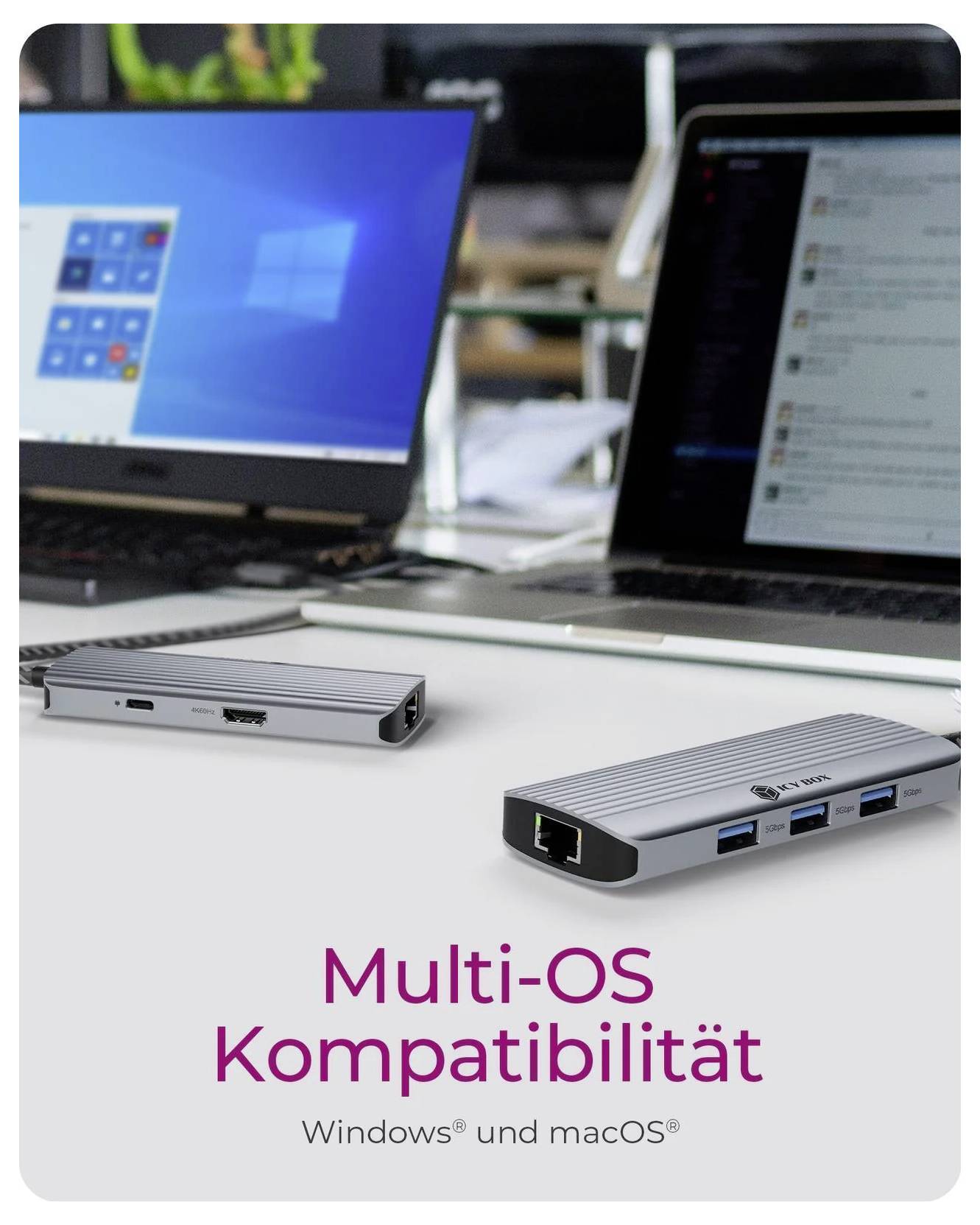 Dva štíhlé USB-C huby na stole před laptopy se systémy Windows a Mac, s textem "Multi-OS Kompatibilität" a "Windows und macOS".