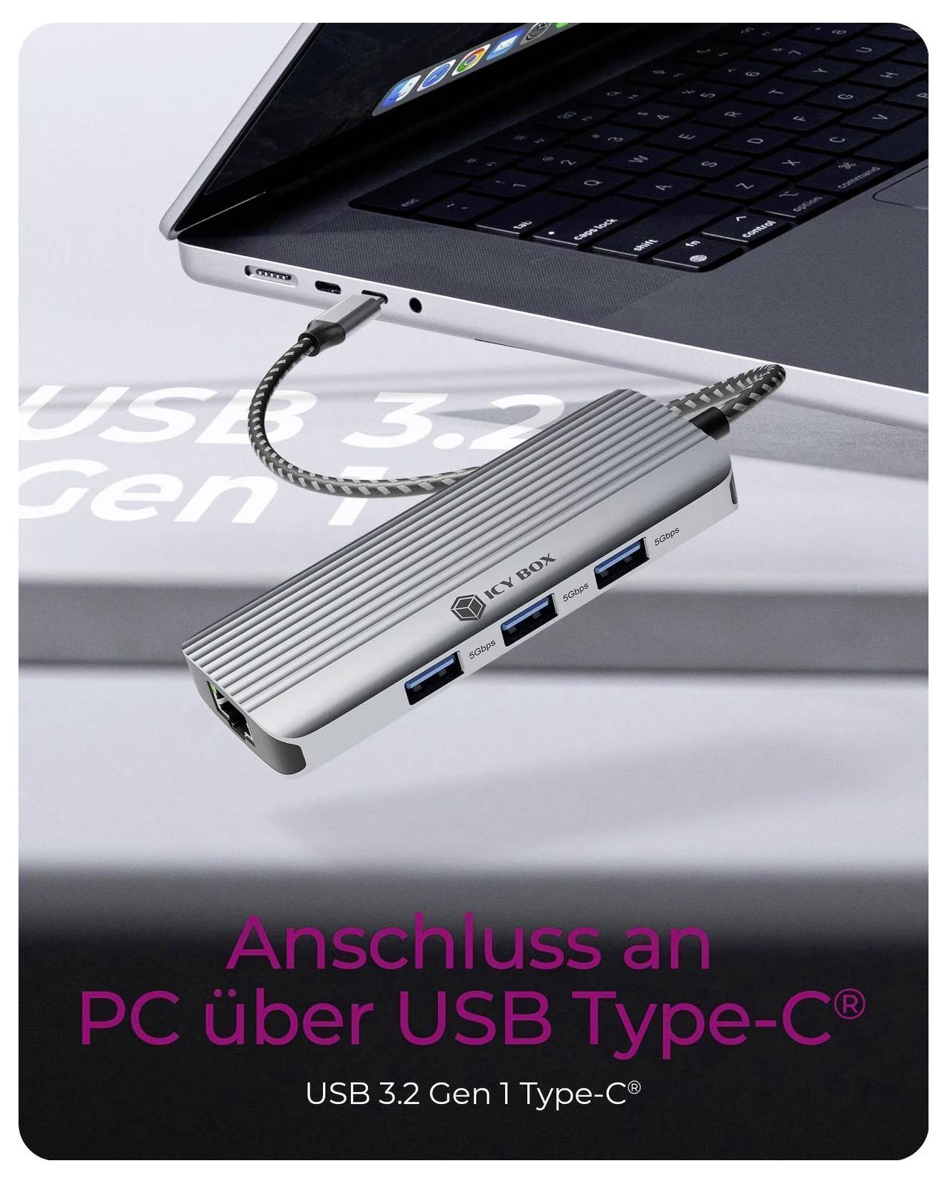 USB-C hub připojený k přenosному počítači, zobrazený s více porty a textem "Připojení k PC přes USB Type-C" a "USB 3.2 Gen 1 Type-C".