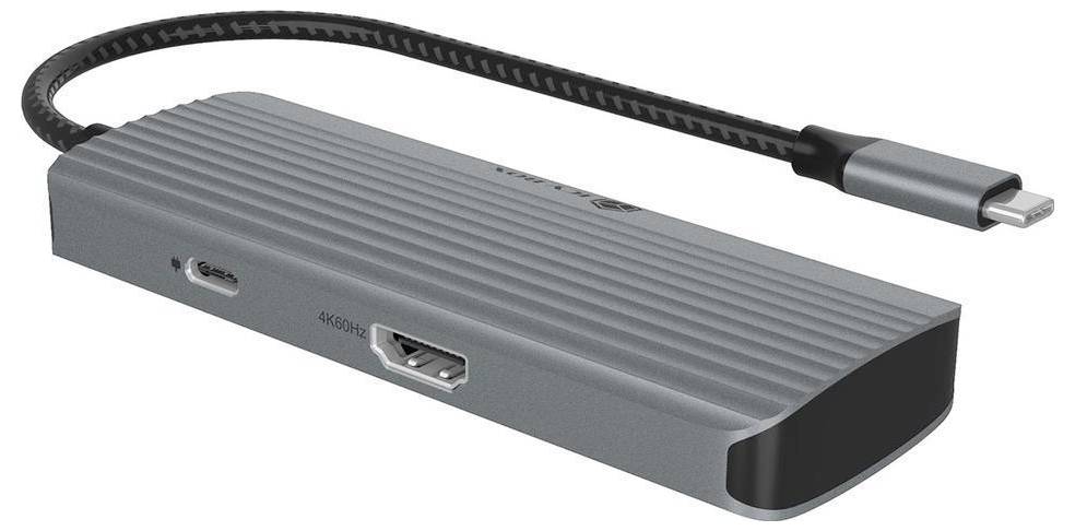 Šedý adaptér rozbočovače USB-C s připojeným kabelem, zobrazující porty HDMI a USB na straně.