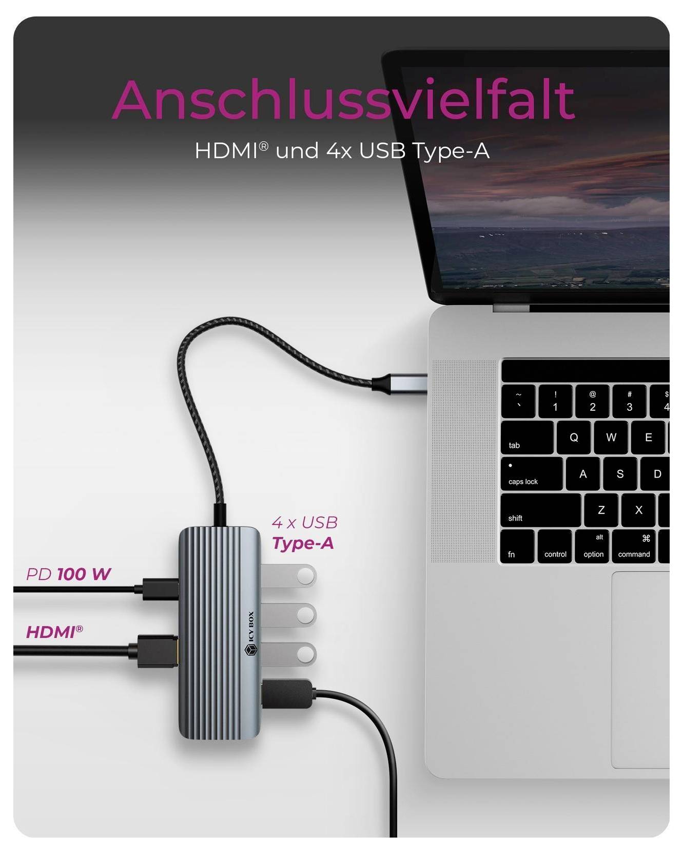Propagační obrázek USB-C hubu pro notebook, označený "Anschlussvielfalt", s HDMI a 4× USB Type-A připojeními a "PD 100 W" dodávkou energie.