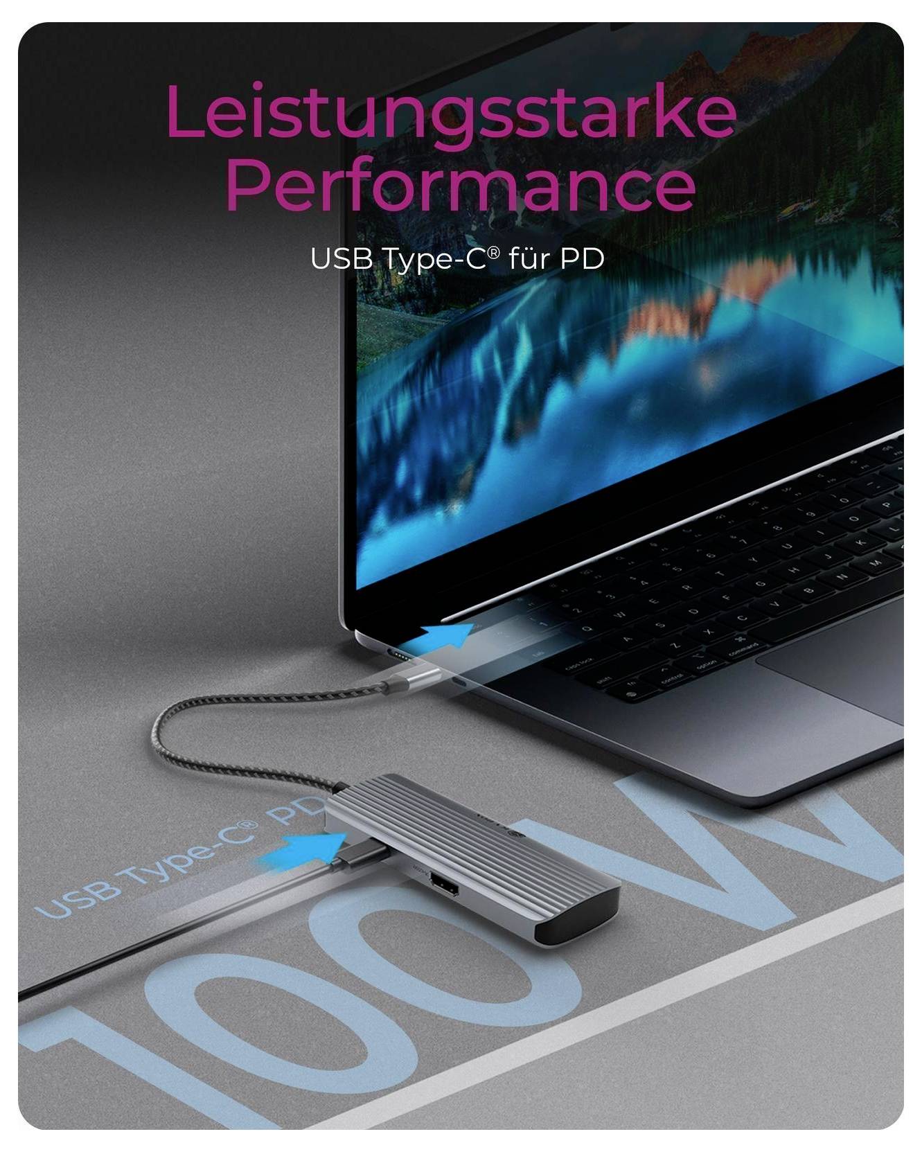 USB-C dokovací stanice na stole vedle notebooku, klávesnice a myši, s německým textem "Solide und langlebig" znamenající "Solidní a odolná".