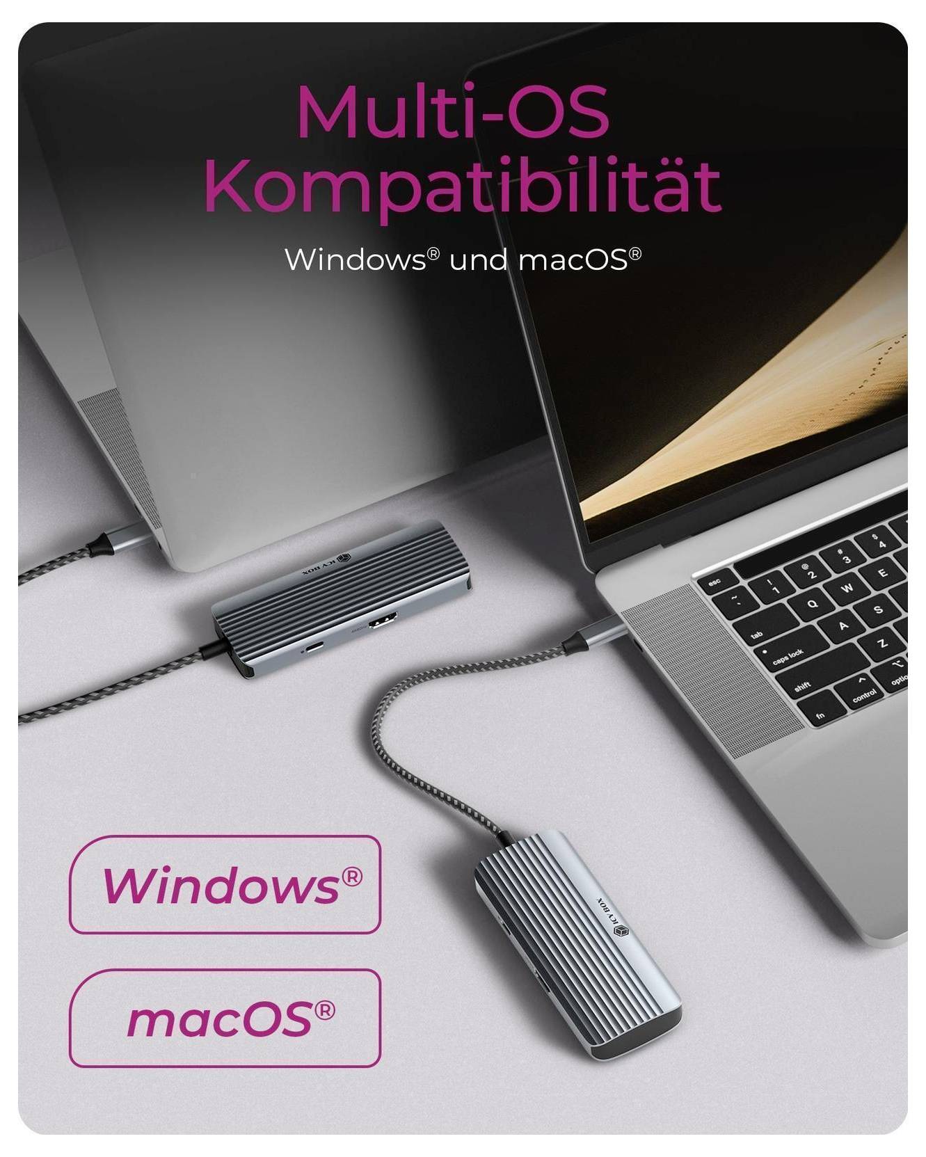Propagační obrázek USB dockingového zařízení připojeného k notebooku, označeného „Kompatibilita s více operačními systémy" a „Windows a macOS", s tlačítky pro kompatibilitu se systémy Windows a macOS.