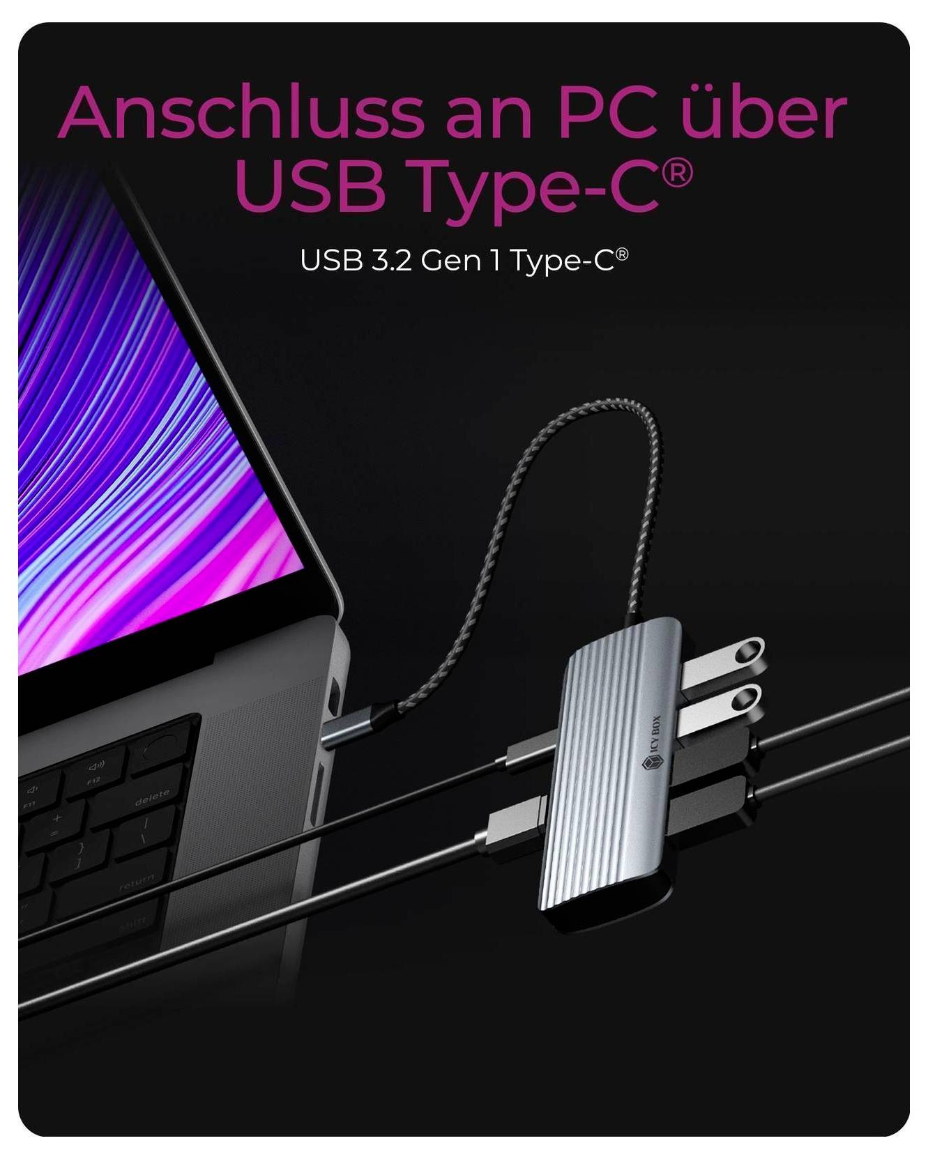 Marketingový obrázek zobrazující laptop připojený přes USB-C hub s německým textem „Anschluss an PC über USB Type-C" a „USB 3.2 Gen 1 Type-C".<br><br>Překład na češtinu:<br><br>Připojení k počítači přes USB Type-C a USB 3.2 Gen 1 Type-C.