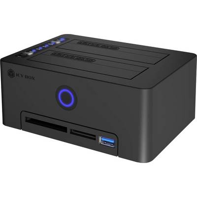 Černá dvoupřihrádková skříň pro pevné disky ICY BOX s modrými LED indikátory, přední tlačítkem napájení a portem USB 3.0