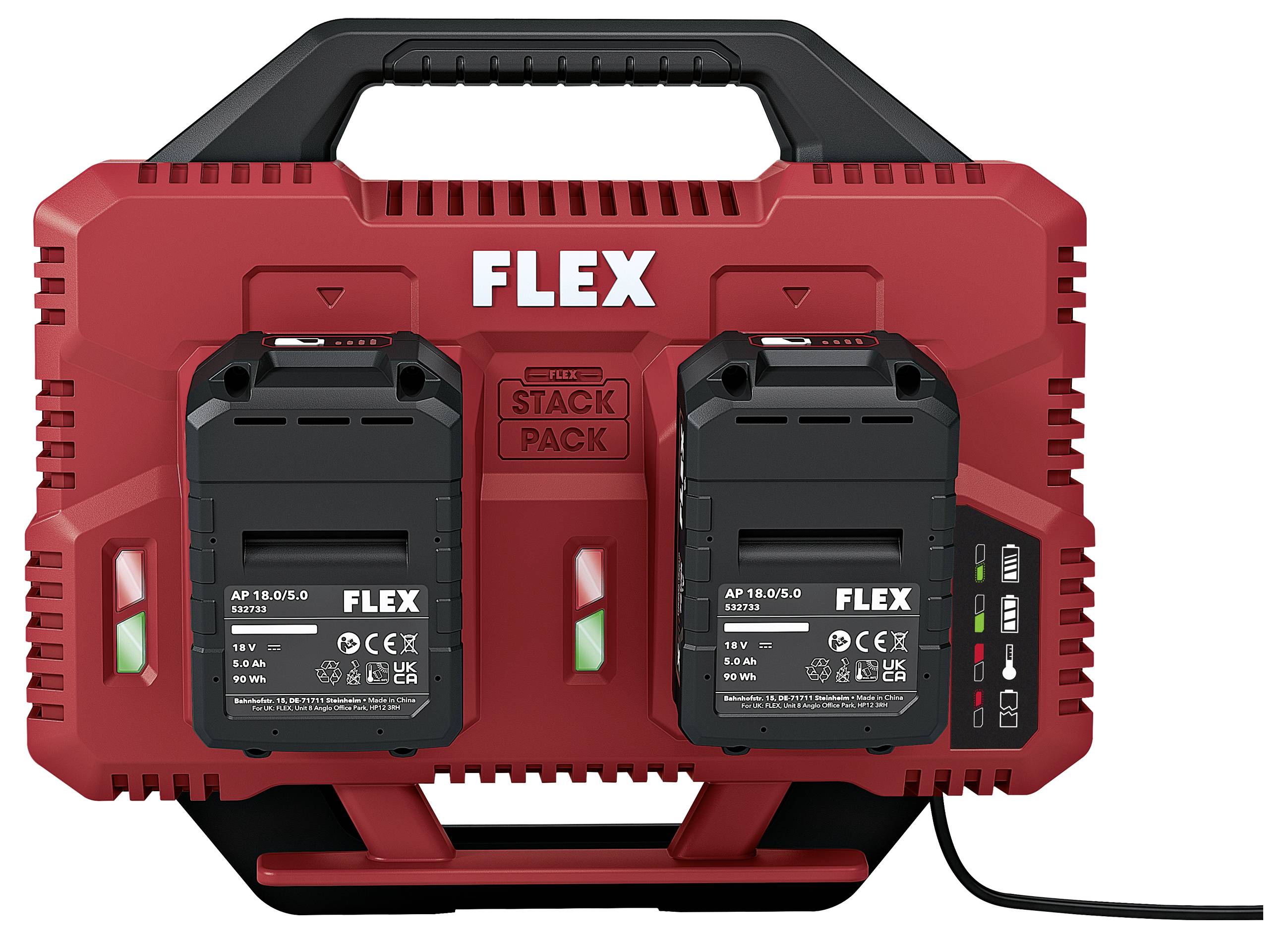 Červený pouzdro sady nástrojů FLEX Stack Pack s černou rukojetí, dvěma vloženými bateriemi, indikačními světly a napájecím kabelem.