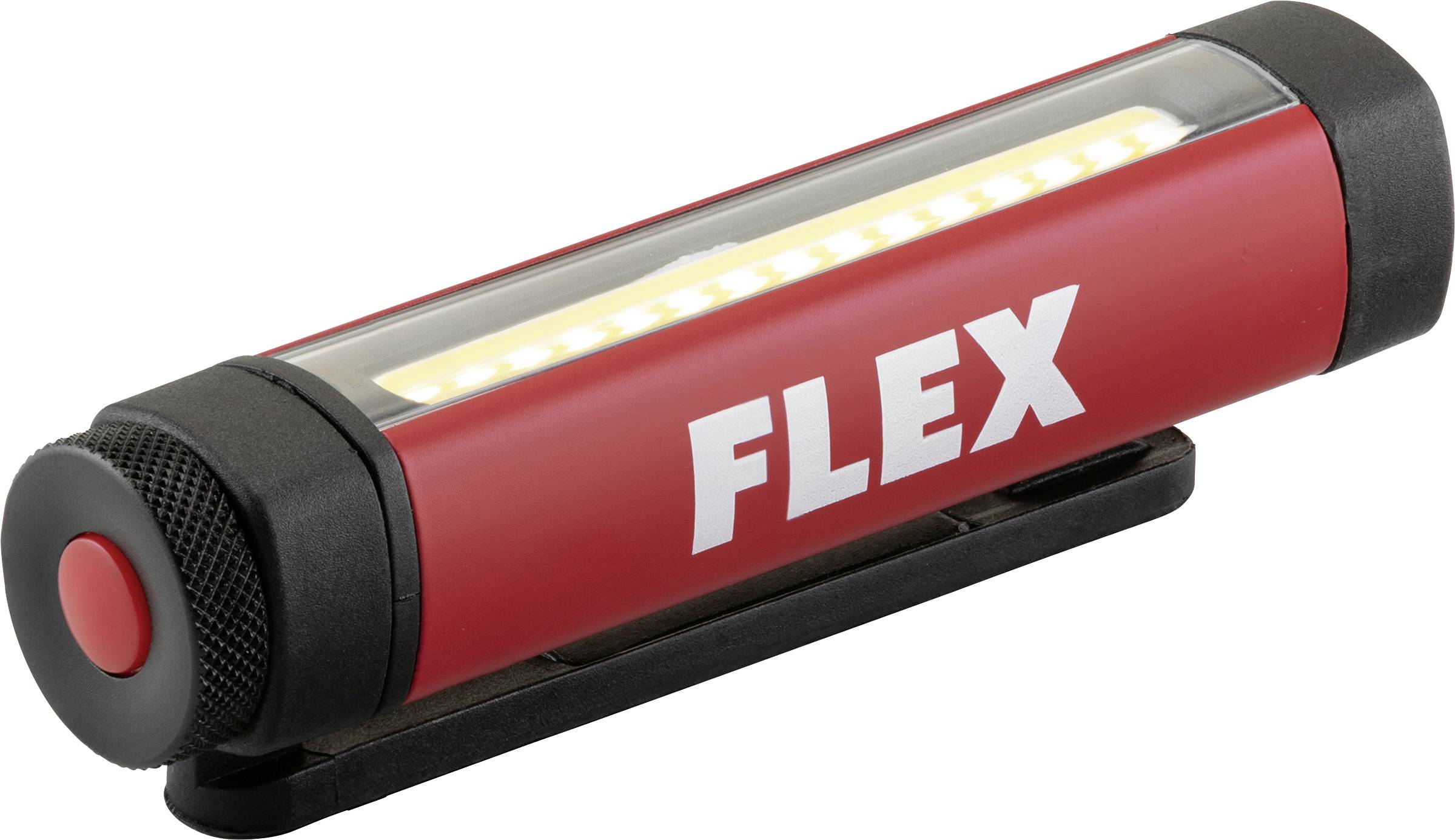 Přenosné LED pracovní světlo Red FLEX na černém stojanu s červeným tlačítkem napájení na jednom konci.