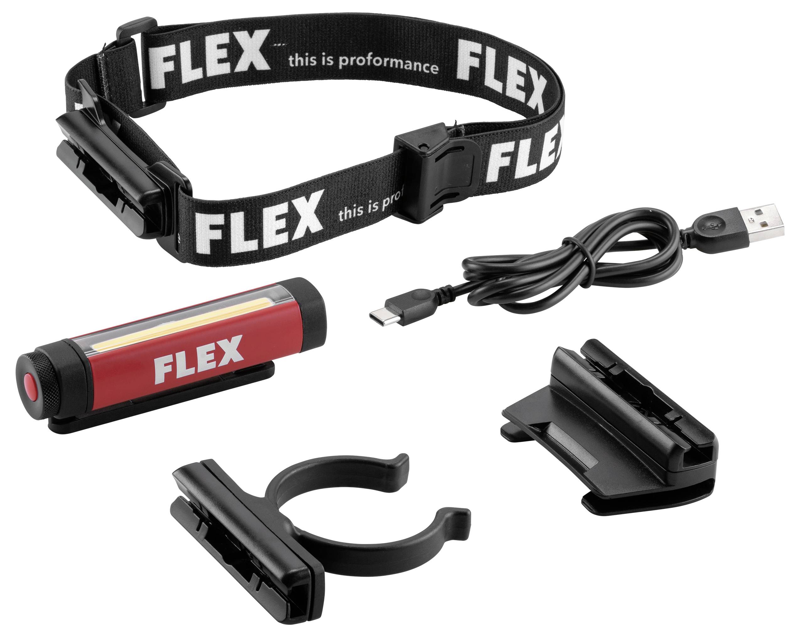 FLEX čelovka s nastavitelným čelenkou, dobíjecí bateriový blok, USB nabíjecím kabelem a montážními klipsami.