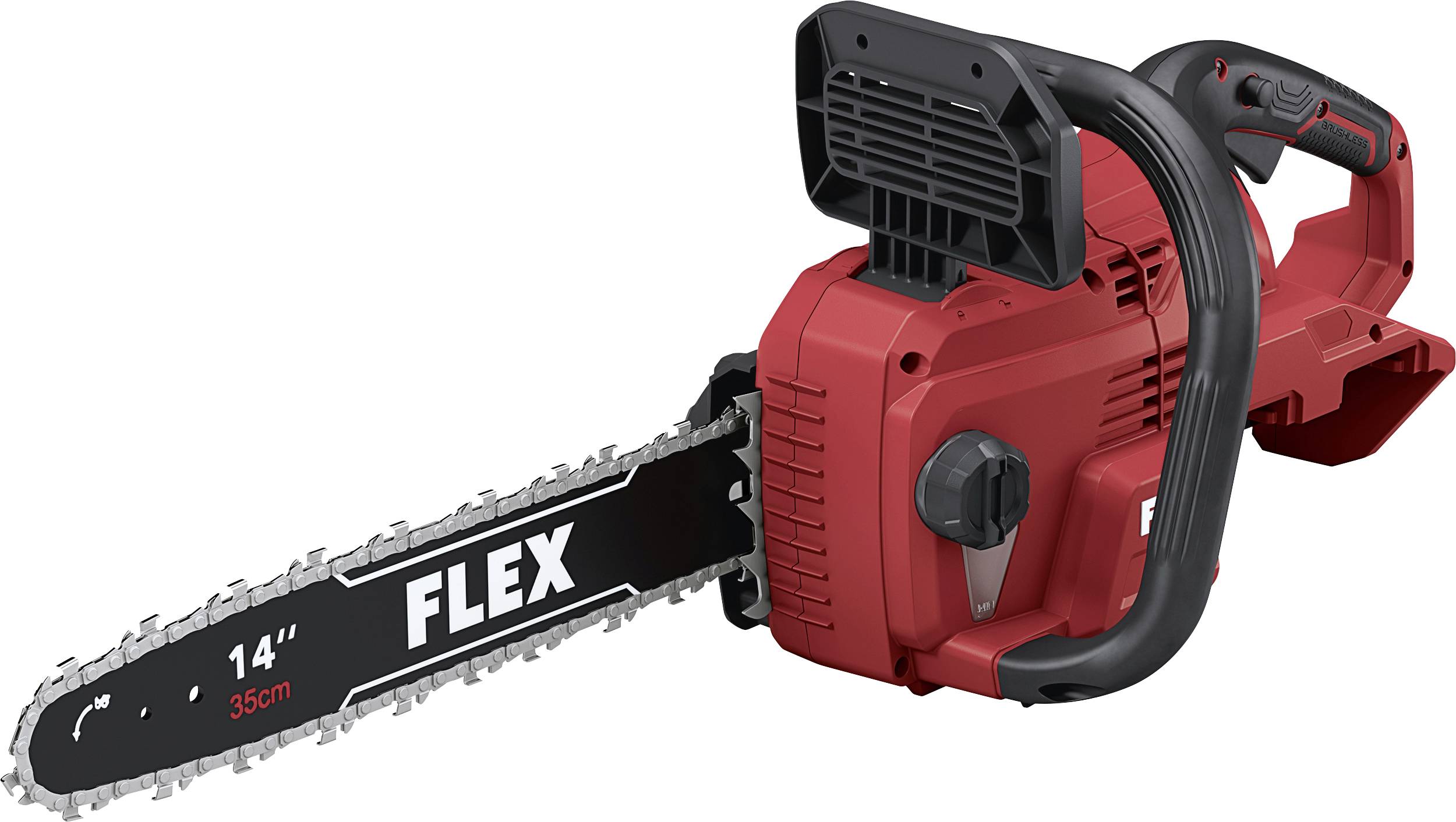 Červená a černá motorová pila FLEX 14 palců zobrazená na bílém pozadí.