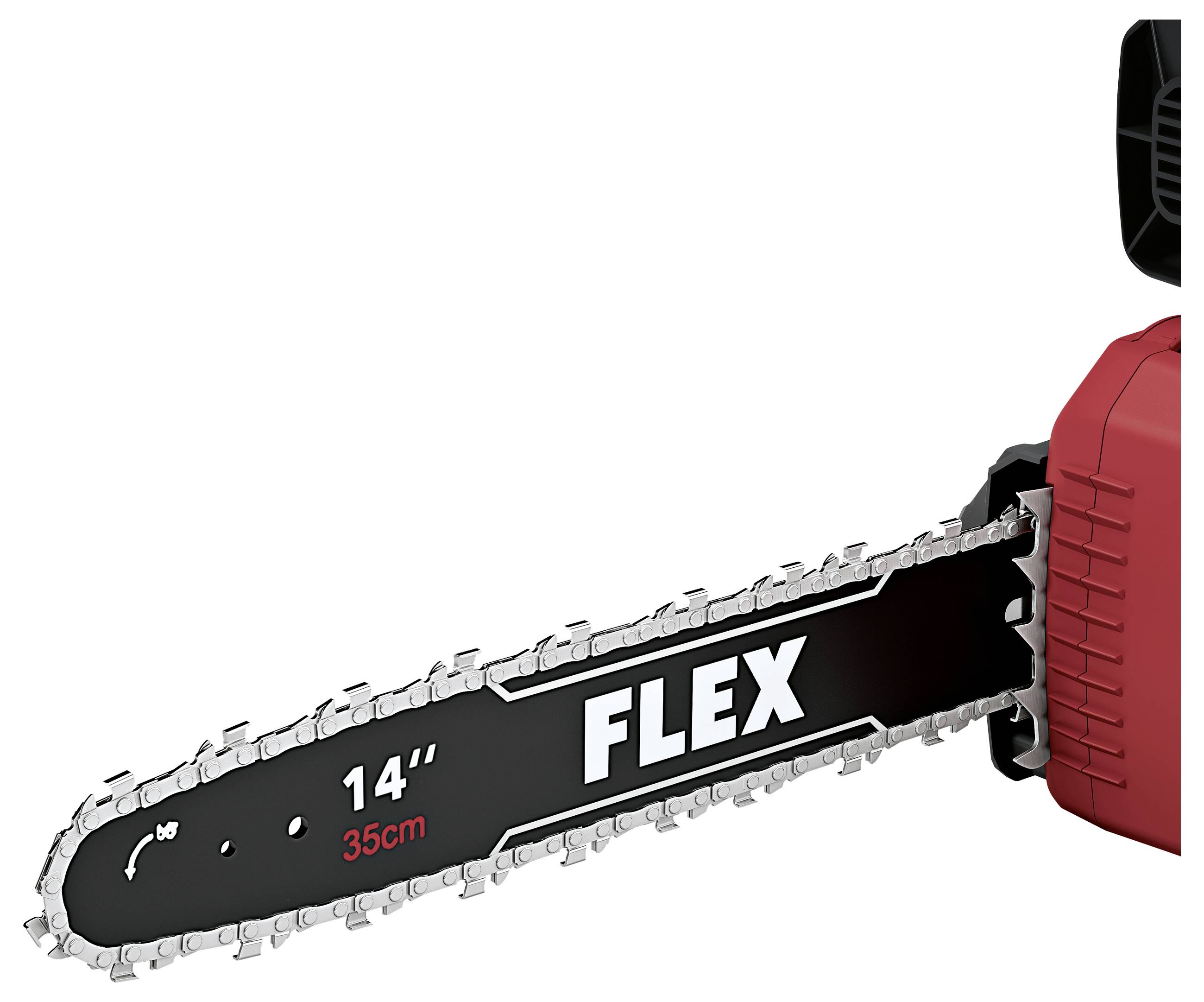 Detailní záběr na červenou motorovou pilu se 14palcovou vodítkem 'FLEX' a řetězem na bílém pozadí.