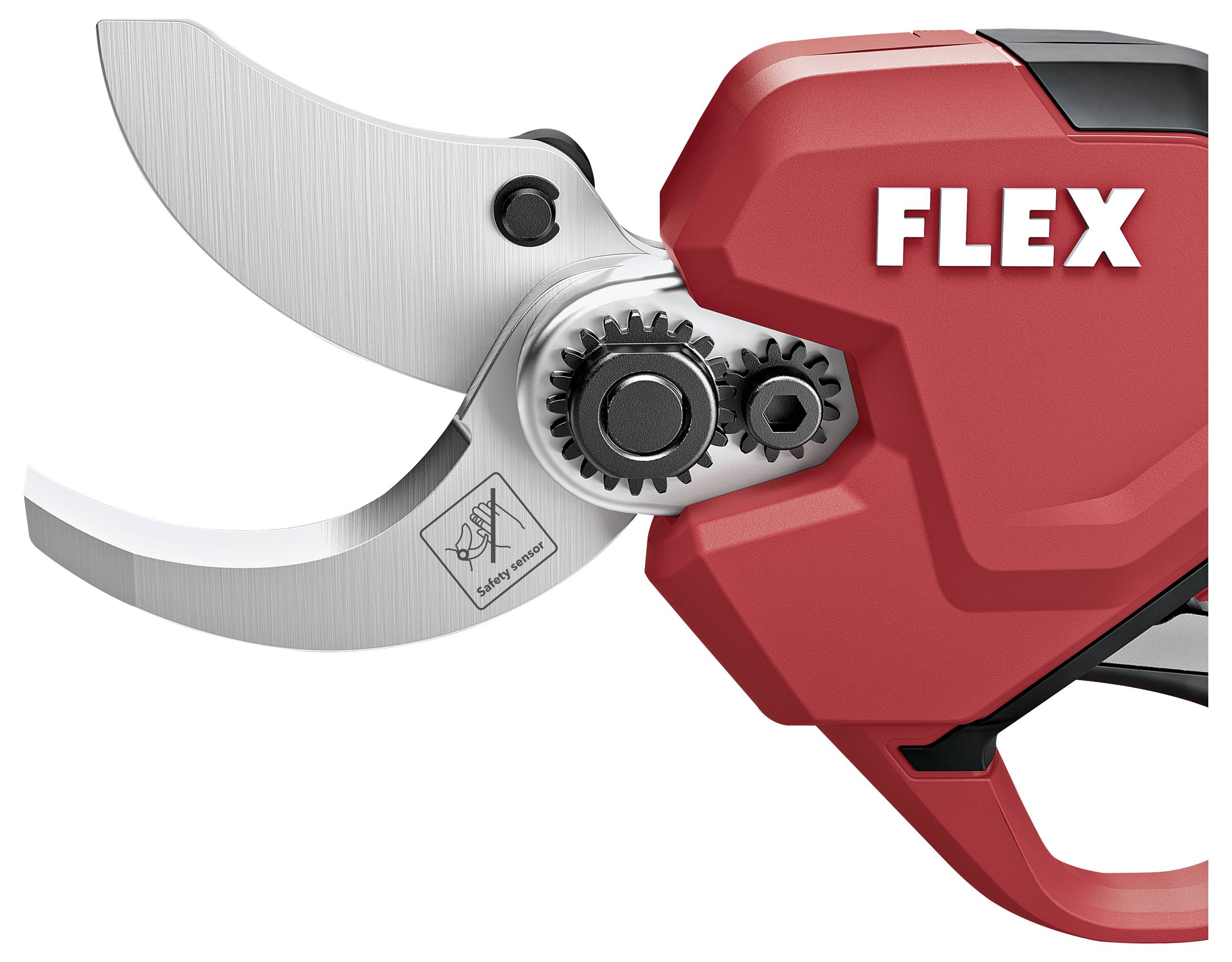 Zblízka červaných bezdrátových nůžek FLEX na stříbrných čepelích a viditelném ozubeném mechanismu na bílém pozadí.