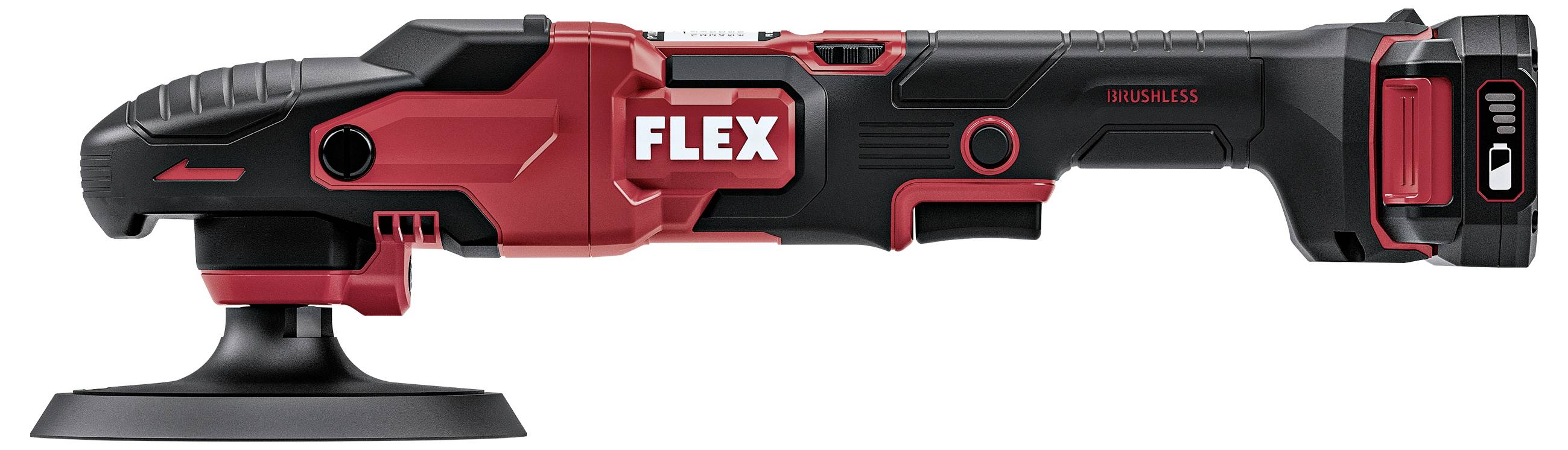 Červený a černý FLEX bezdrátový leštící přástrojis kulatým polštářkem, zobrazený v bočném pohledu na bílém pozadí.