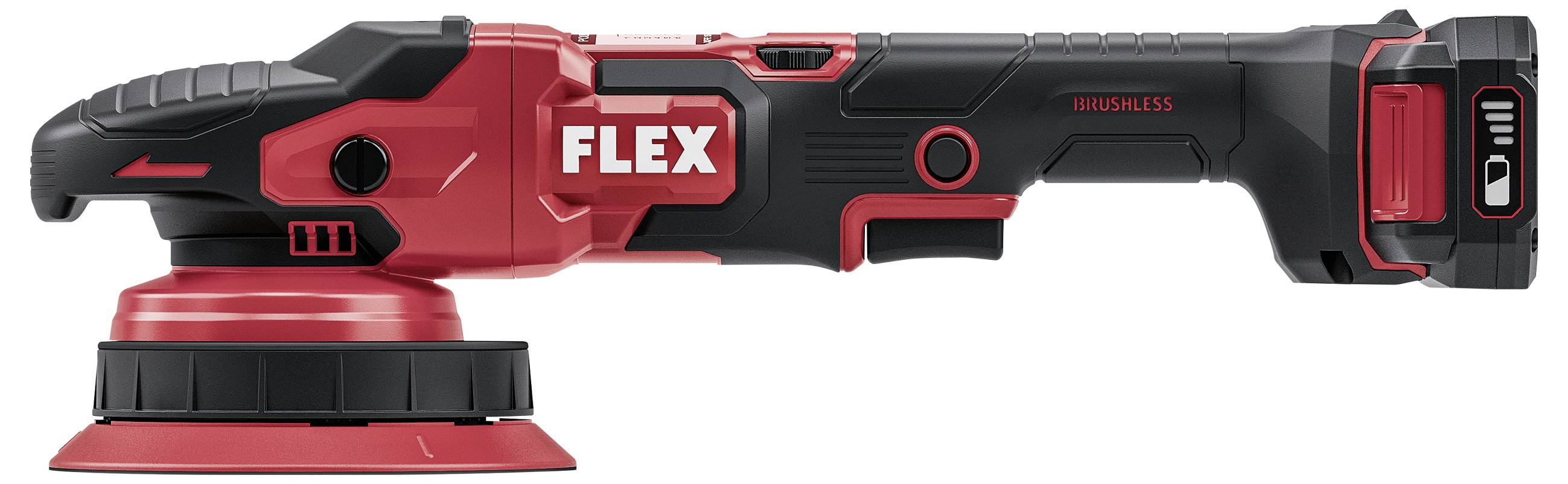 Červený a černý FLEX bezdrátový bezkartáčový rotační brousek s trojúhelníkovým brusným podložem, zobrazený v bočném pohledu na bílém pozadí.