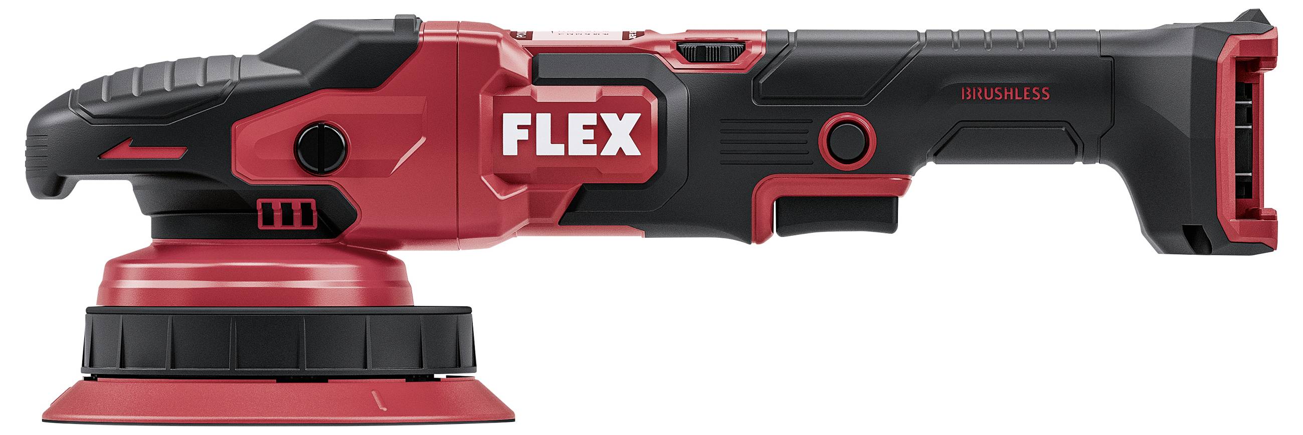 Červený a černý FLEX bezdrátový bezkartáčový elektrický bruska s kulatou brušnou destičkou, znázorněný v bočním pohledu na bílém pozadí.
