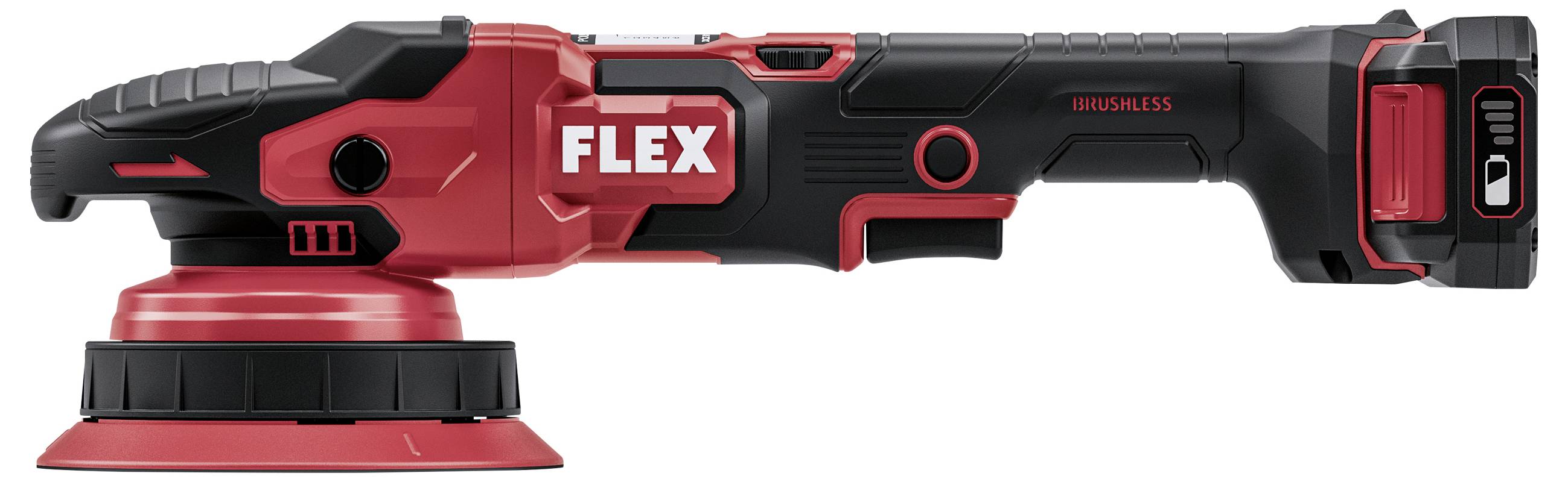 Červeno-černá FLEX bezšňůrová vibrační bruska zobrazená v bočním pohledu na bílém pozadí.