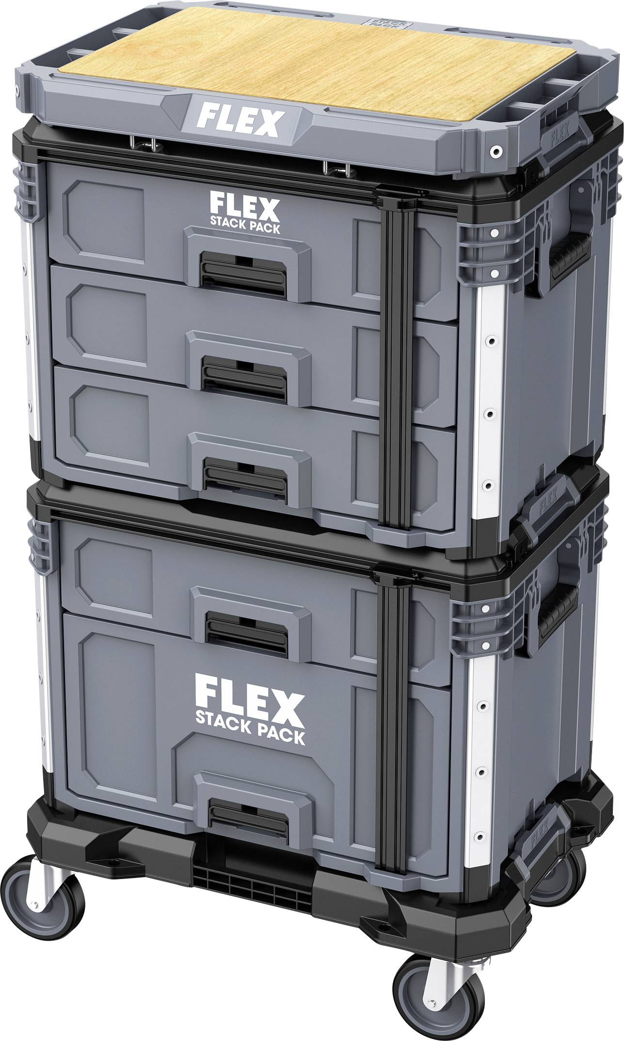 Naskládané šedé FLEX STACK PACK krabice na uskladnění nářadí na vozíku s kolečky, dřevěnou deskou nahoře a více šuplíky, zobrazeno izolovaně na bílém pozadí.