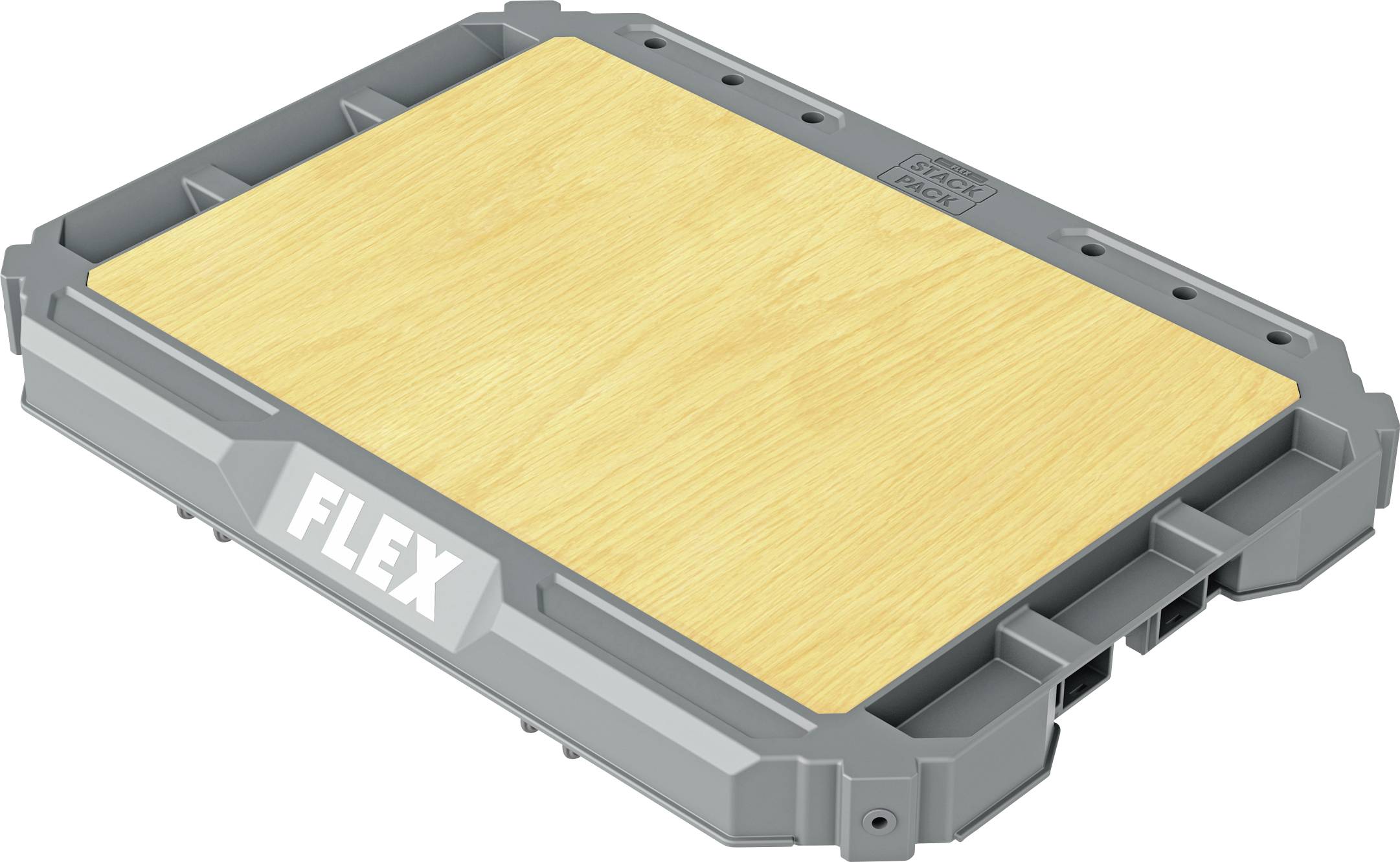 Šedná plastová taca se vložkou z umělého dřeva, značky "FLEX", zobrazena izolovaně na bílém pozadí.