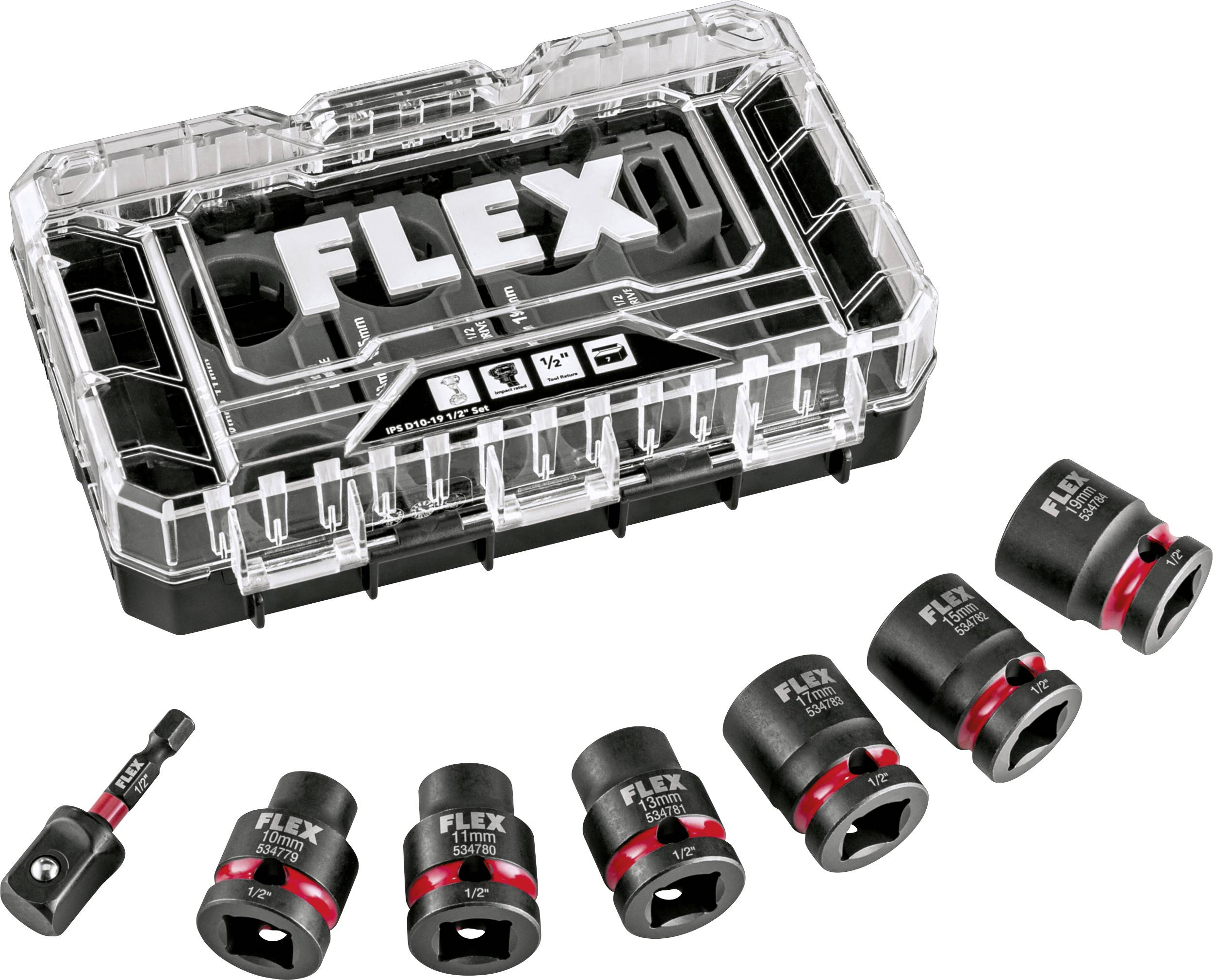Sada příslušenství Flex nástrojů s průhledným úložným pouzdrem a několika černými adaptéry zásuvek, včetně adaptéru vrtačky a nárazových zásuvek.
