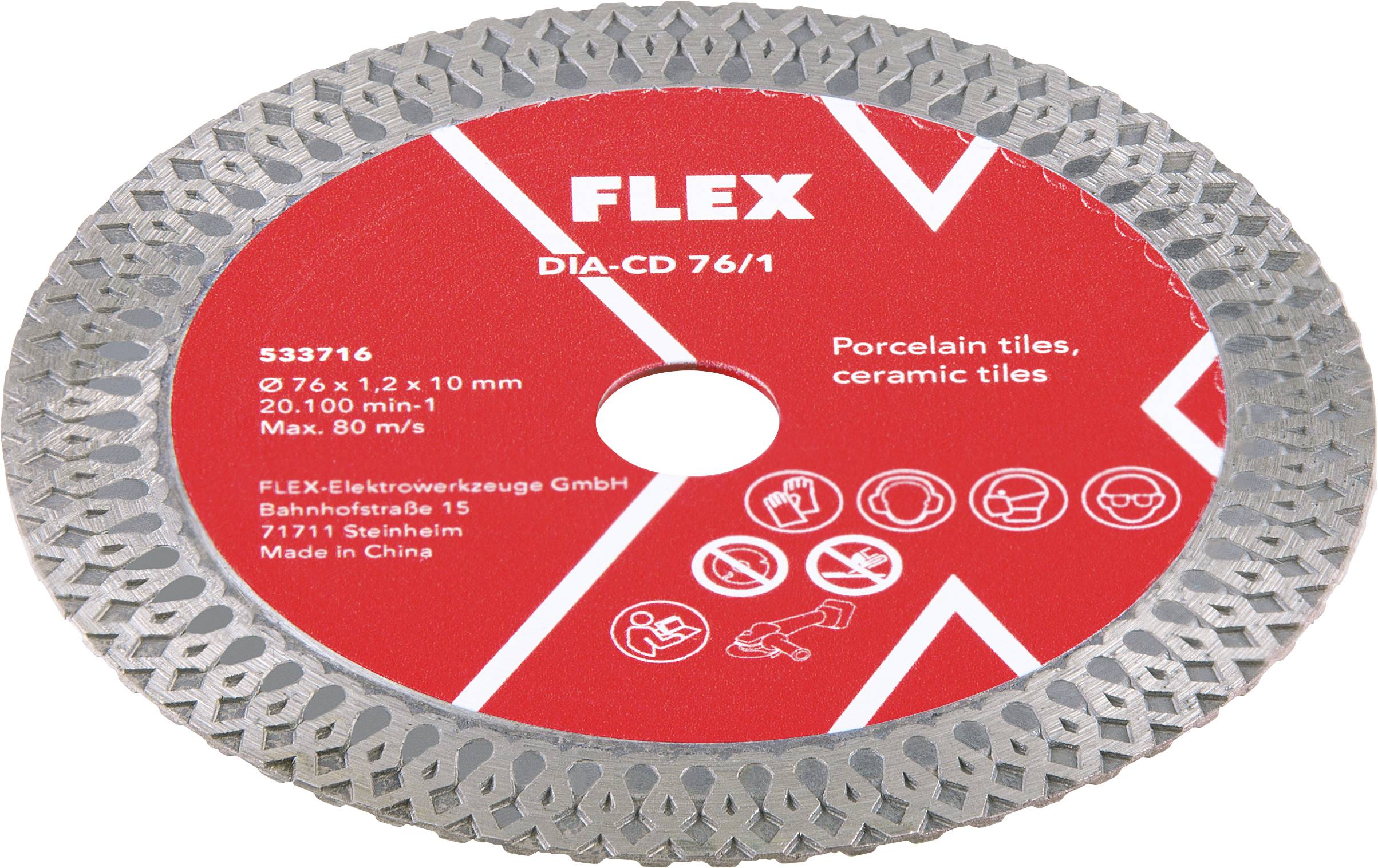 Červený diamantový řezný kotouč FLEX pro porcelán a keramické obklady, označený DIA-CD 76/1, 76 mm, s ikonami použití na středovém štítku.