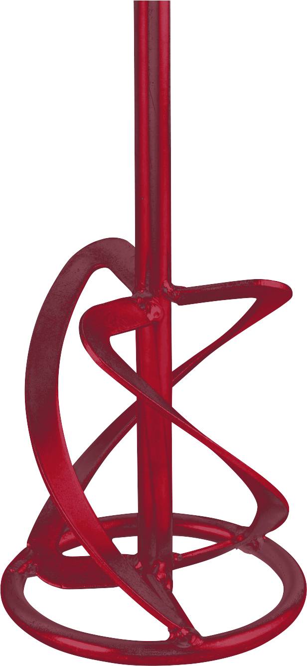 Abstraktní červená kovová skulptura se svislou střední tyčí a krčícími se spirálovitými pásy tvořícími otevřenou geometrickou základnu.