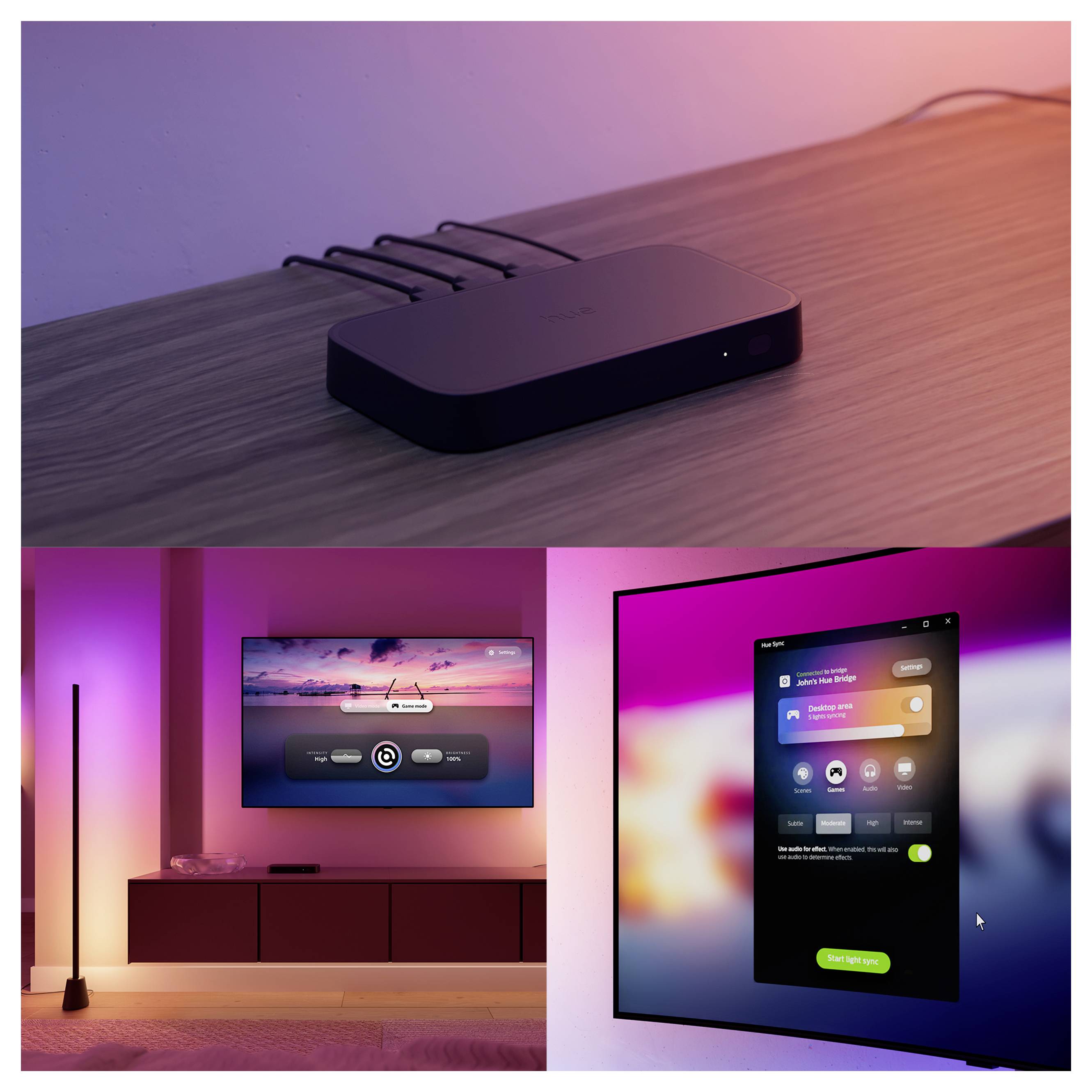 Inteligentní žárovka Philips Hue svítící růžově na černém pozadí.