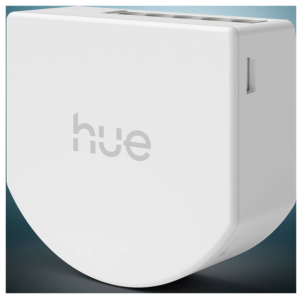 Bílá chytrá osvětlovací přemostění Philips Hue s logem "hue" na tmavém pozadí.