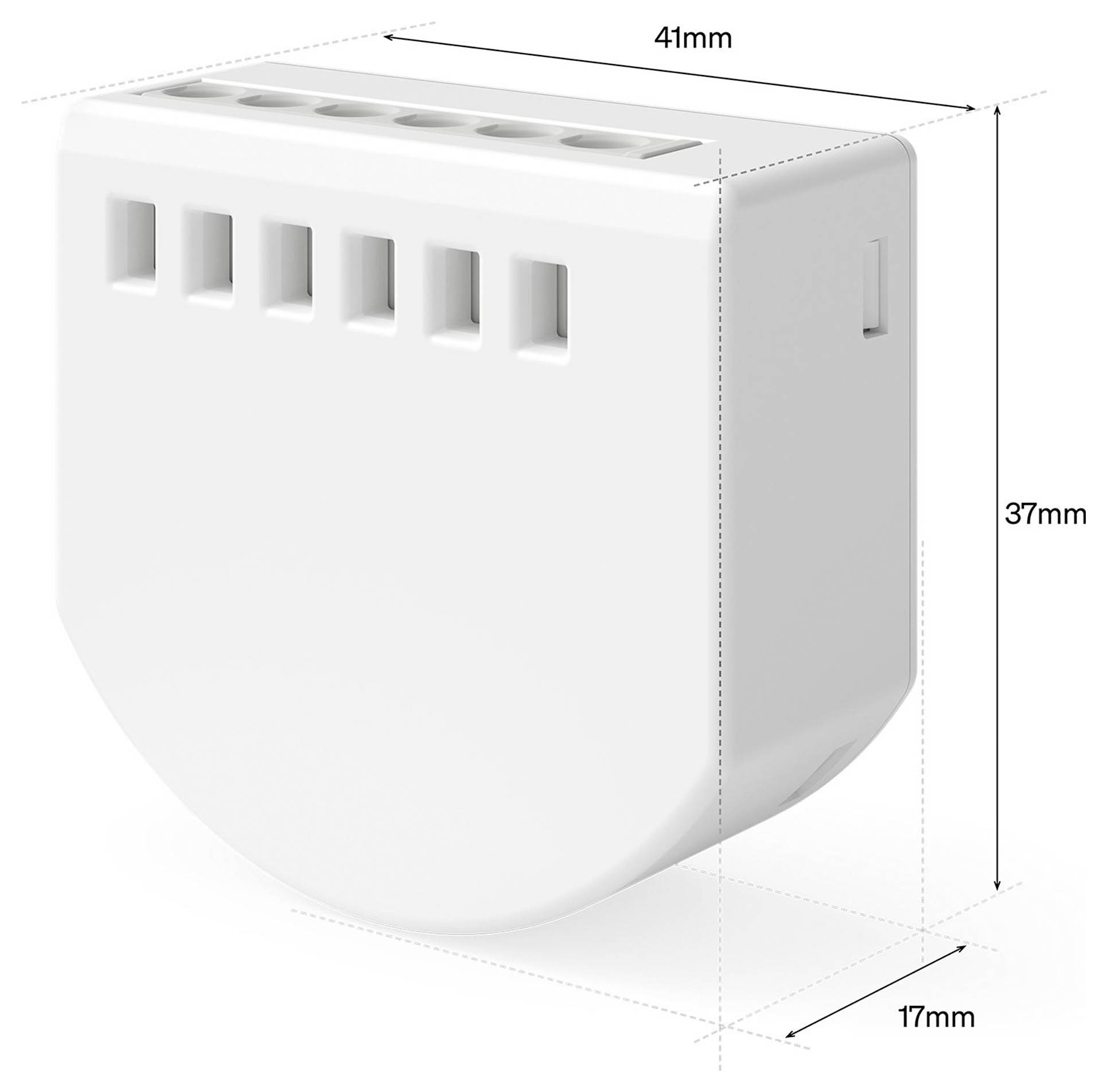 Bílý obdélníkový elektronický modul s ventilačními otvory, zobrazený ve 3D s rozměry 41 mm na šířku, 37 mm na výšku a 17 mm na hloubku.