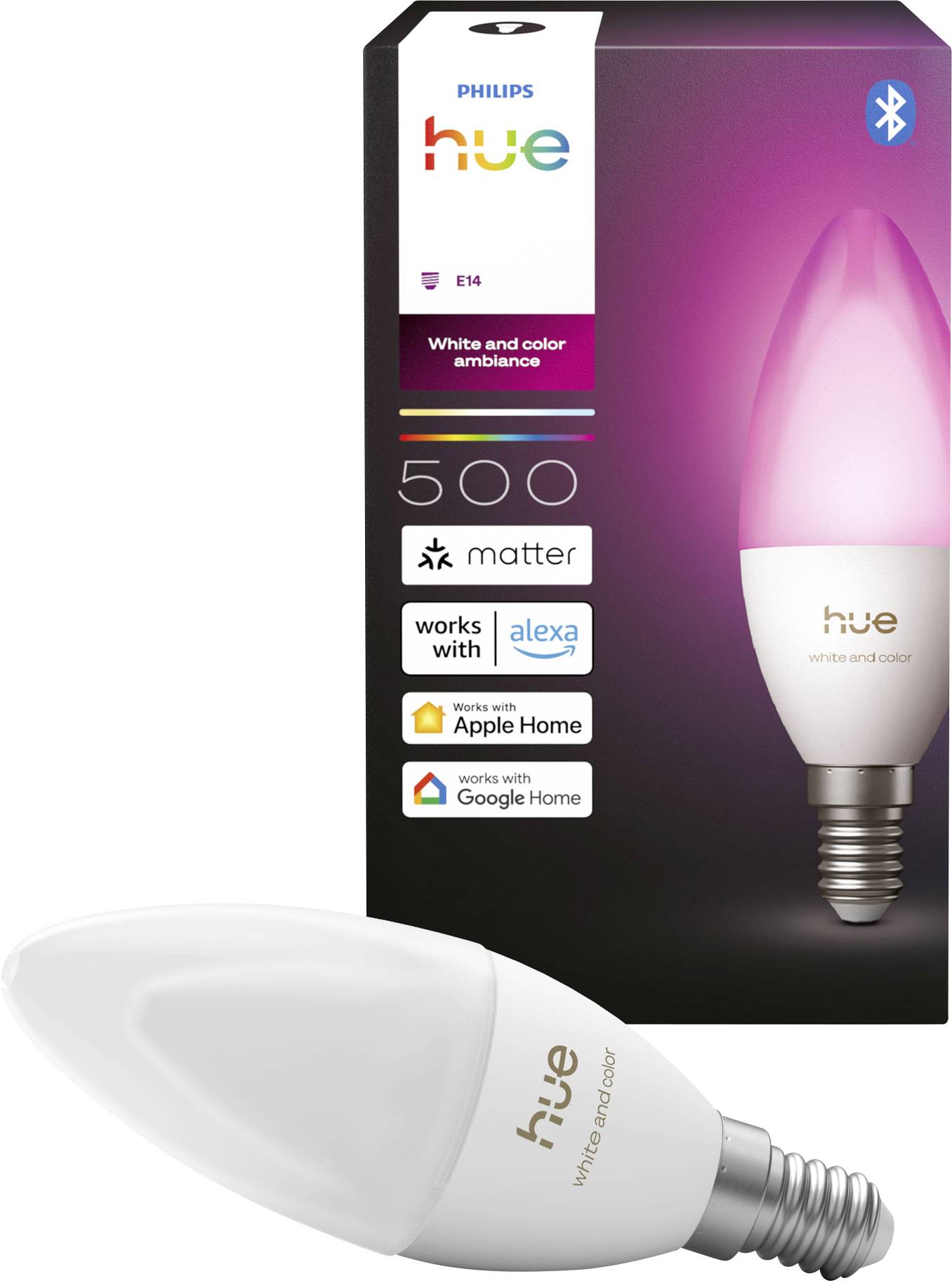 Balení chytrých LED žárovek Philips Hue zobrazující bílou a barevnou žárovku E14, 500 lumenů, s podporou Matter, Alexa, Apple Home a Google Home; žárovka zobrazena níže.