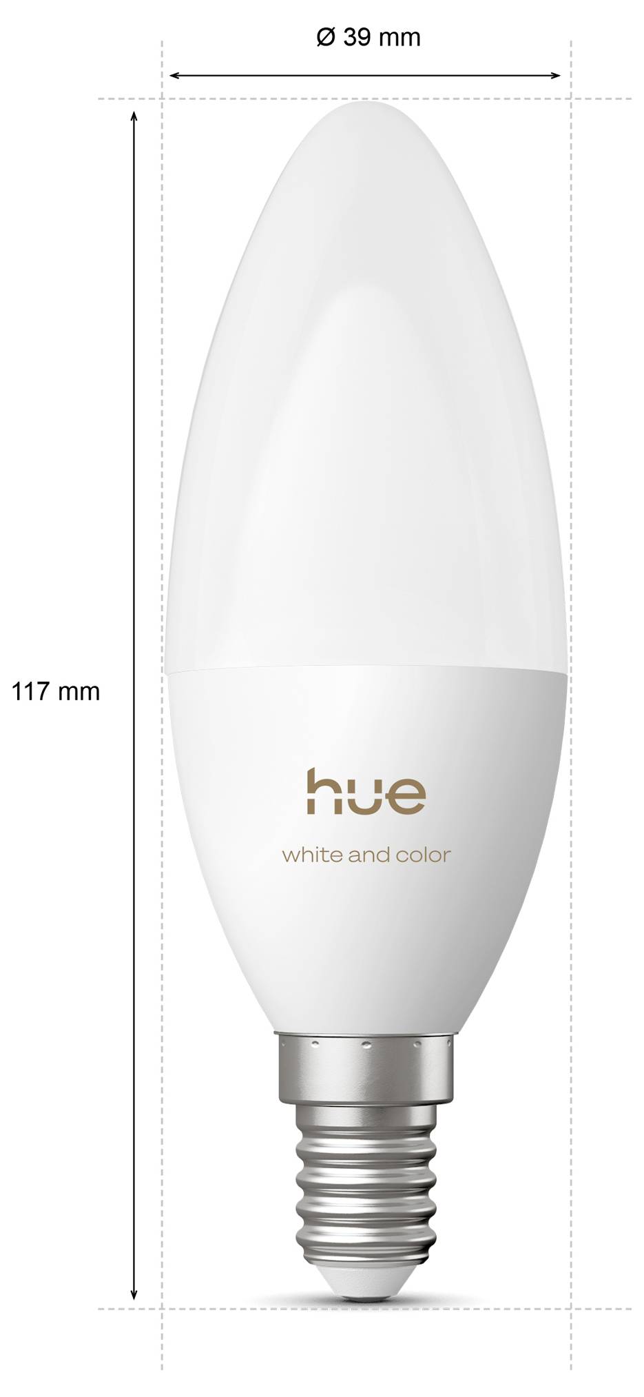 Obrázek produktu bílé žárovky Hue White and Color LED, zobrazené v pohledu zepředu s vyznačenými rozměry: výška 117 mm a šířka 39 mm.