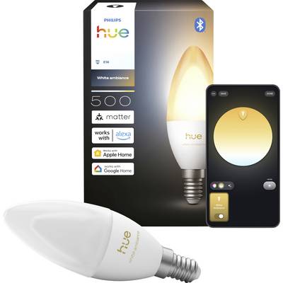 Krabice chytré žárovky Philips Hue White Ambiance s aplikací ovládanou žárovkou, Bluetooth, Matter, logy Alexa, Apple Home a Google Home, plus žárovka a displej aplikace na telefonu.