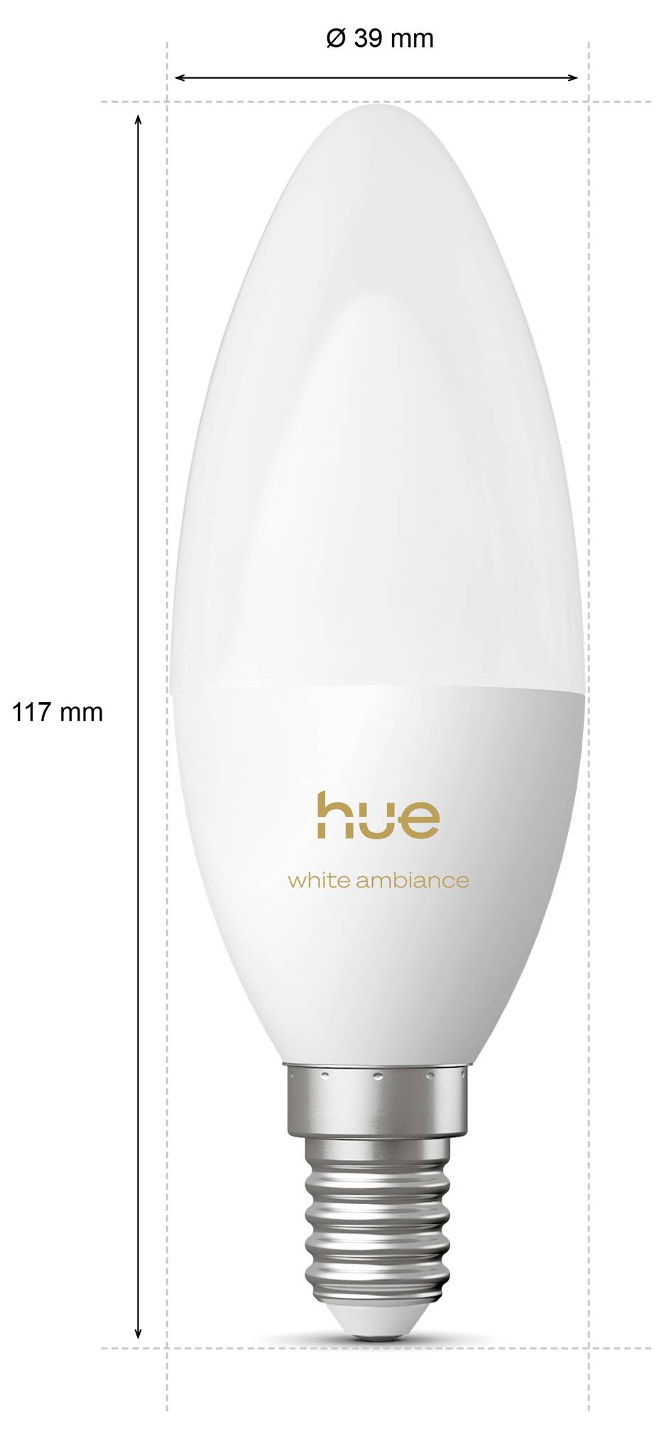 Žárovka White Hue Ambiance LED, zobrazená v přední pohledu s rozměry uvedenými 117 mm vysoká a 39 mm široká.