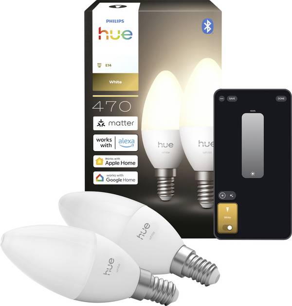 Philips Hue Hue LED žárovka (sada 2 ks) 8721103099662 Energetická třída (EEK2021): E (A - G) 2er-Pack E14 0.2 W teplá bílá