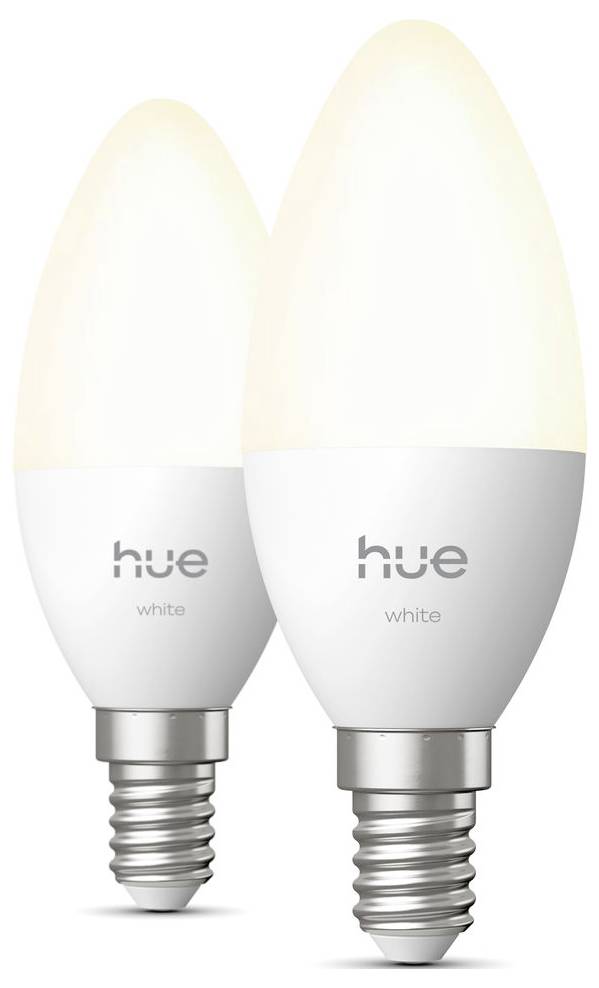 Dvě LED žárovky Philips Hue White zobrazené vedle sebe na bílém pozadí.