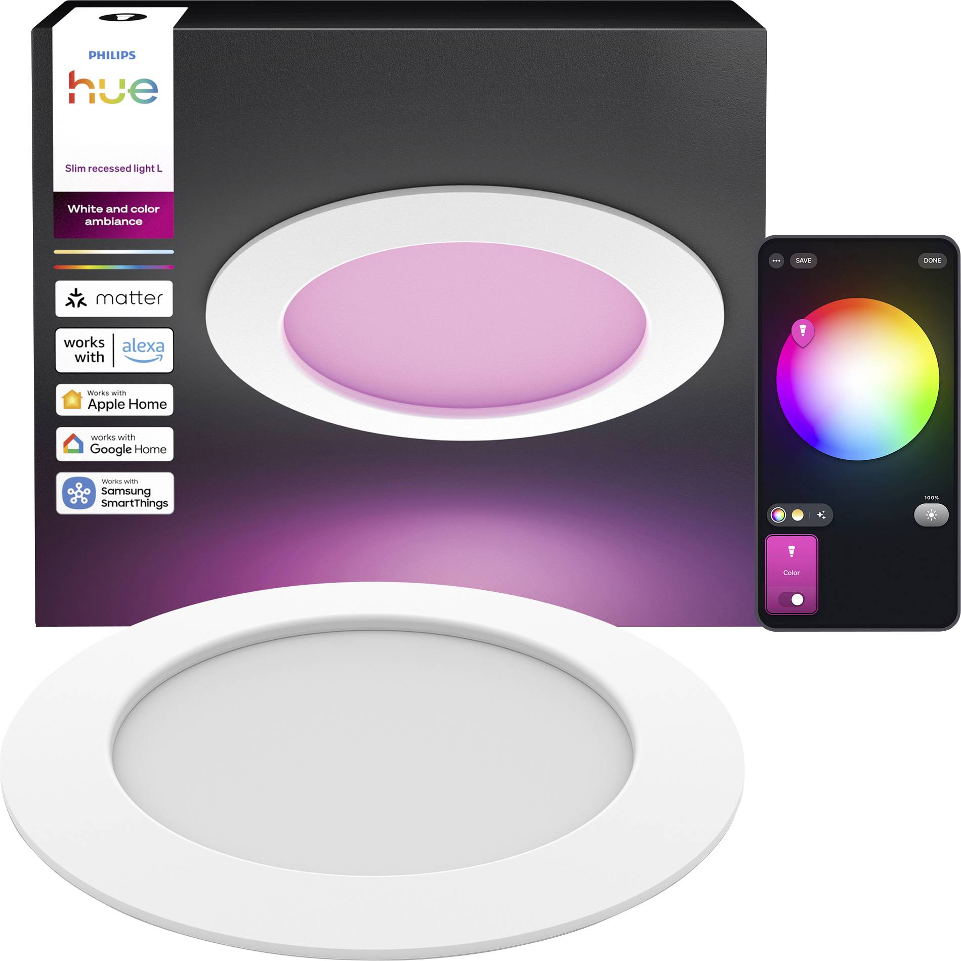 Chytré zapuštěné LED světlo Philips Hue, zobrazené v bílé barvě s růžovým leskem a aplikací pro chytný telefon na ovládání barev.