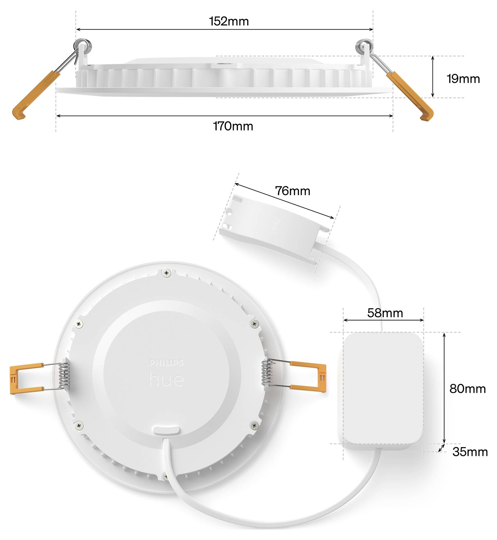 Diagram kulatého zapuštěného stropu se svítidlem s pružinami a ovladačem, zobrazující rozměry: 170 mm šíření, 19 mm hloubka, 152 mm otvor, 76 mm konektor a 58 x 80 x 35 mm ovladač.