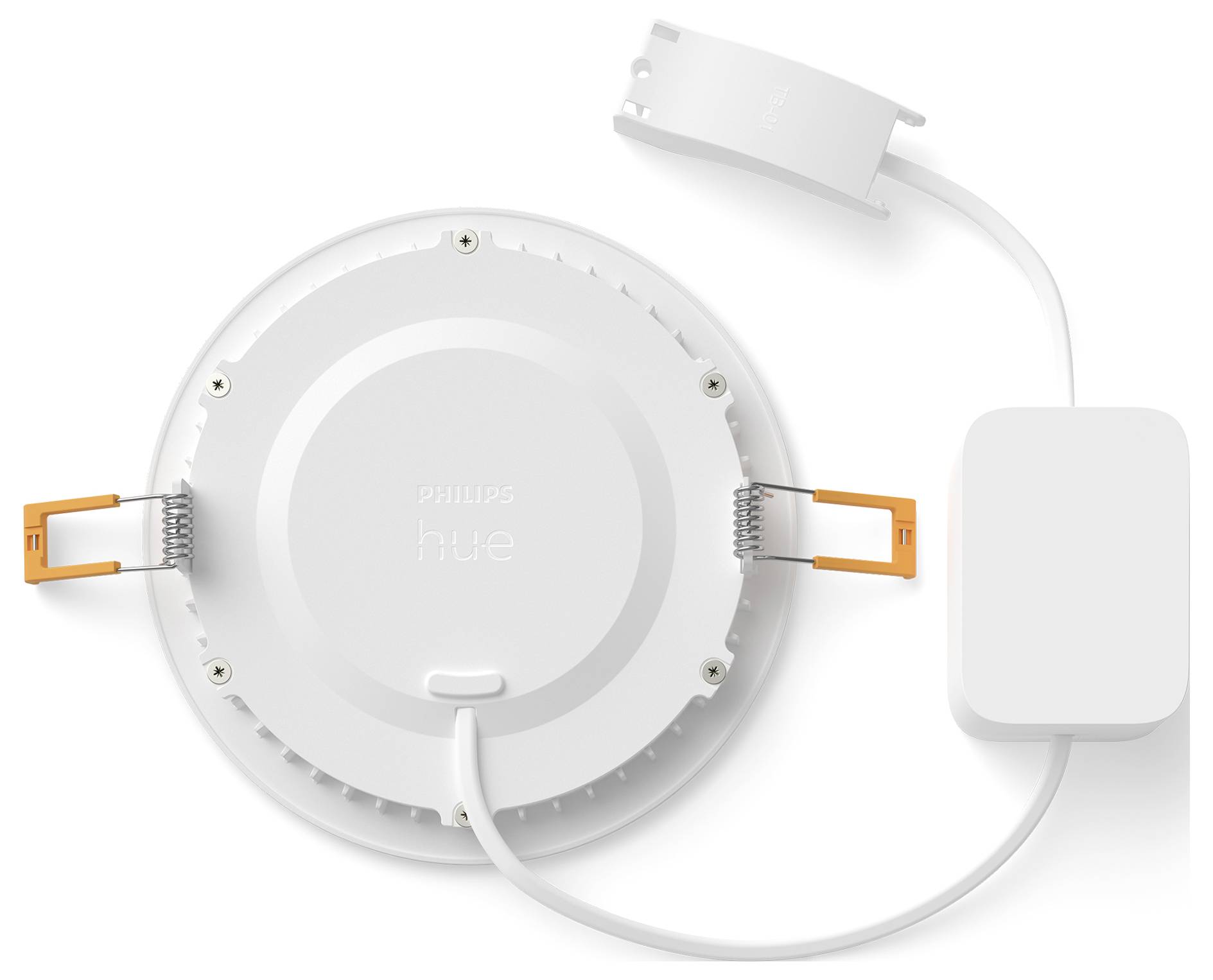 Philips Hue kulatité zapuštěné stropní světlo s připojenou skříňkou ovladače a pružinovými sponami pro instalaci