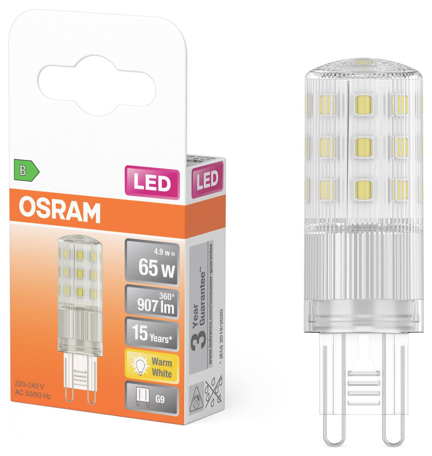 Balení a žárovka OSRAM LED G9, označené 4,9 W, ekvivalent 65 W, 907 lm, teplá bílá, 360°, 15 let.