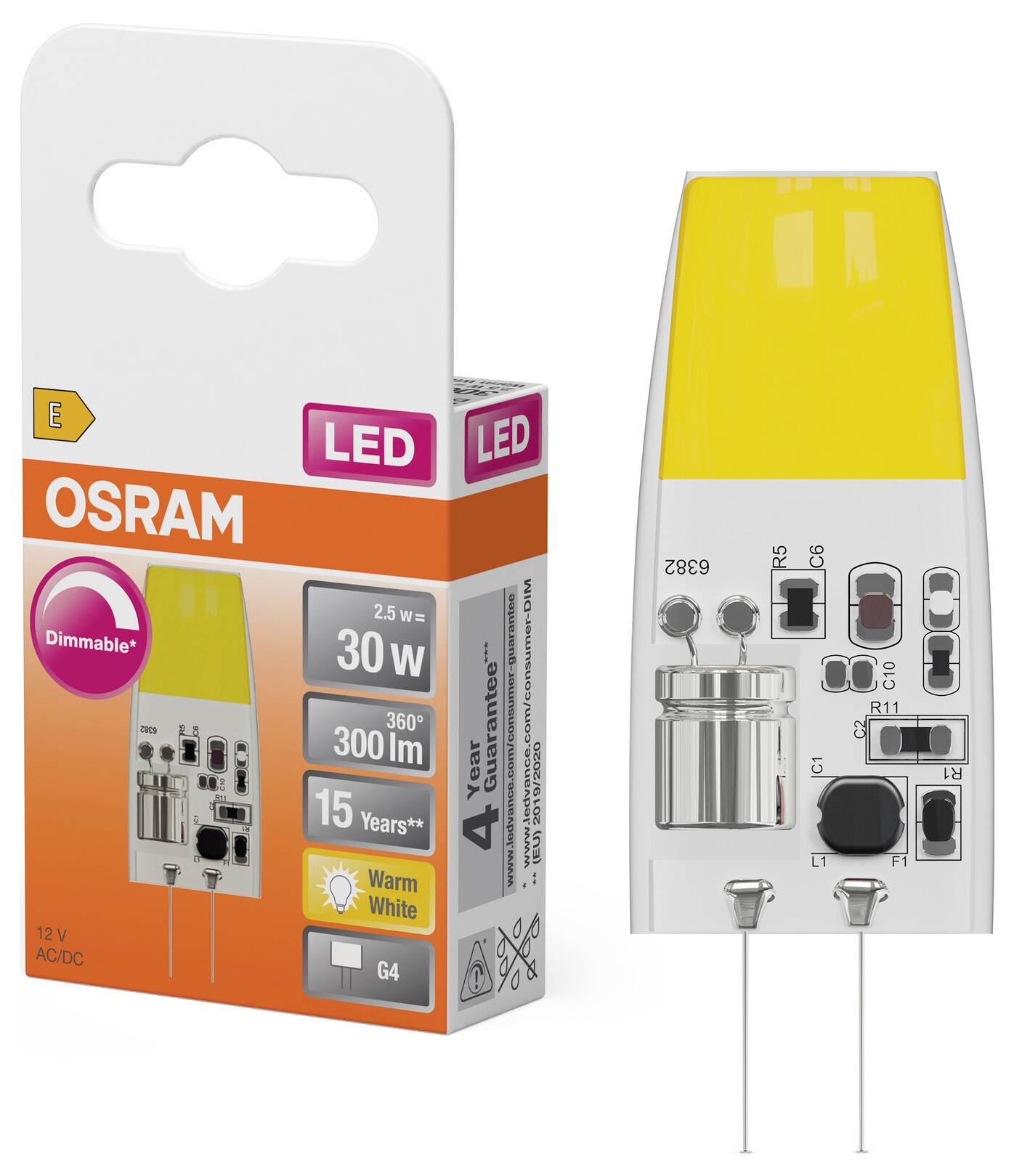 Balení a žárovka OSRAM stmívatelné LED G4 zobrazené vedle sebe, označené 2,5 W, ekvivalent 30 W, 300 lm, teplá bílá, 12 V AC/DC.