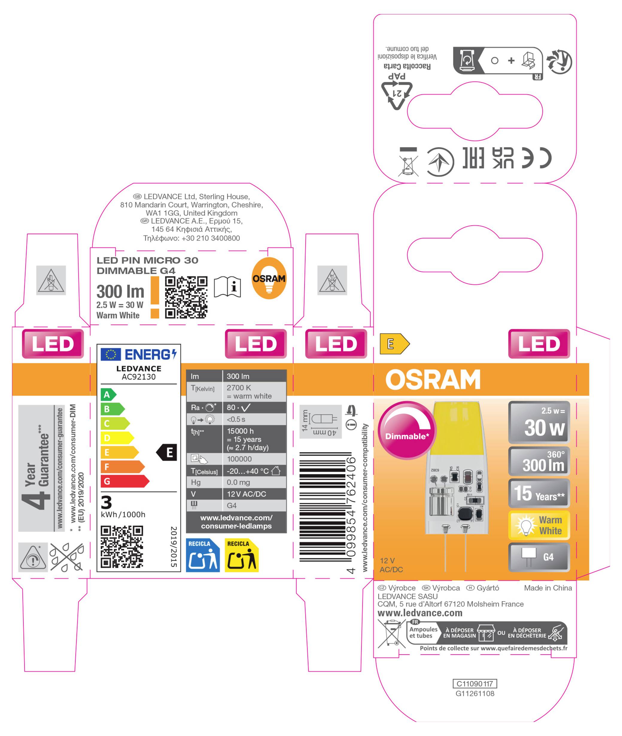 Rozložitelný obal pro OSRAM LED Pin Micro G4 žárovku, zobrazující skládací panely s podrobnostmi produktu, energetickým štítkem, čárovým kódem a specifikacemi 300 lm teplé bílé barvy.