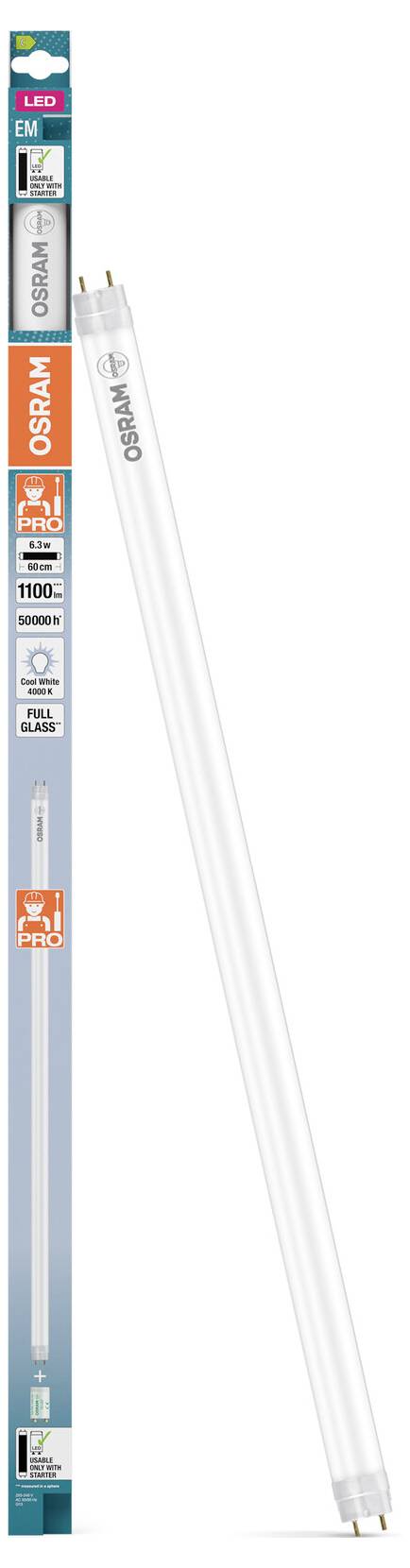 OSRAM LED trubicová lampa zobrazená vedle svého obalu, dlouhá tenká bílá žárovka s kovovými koncovkami a značením produktu.