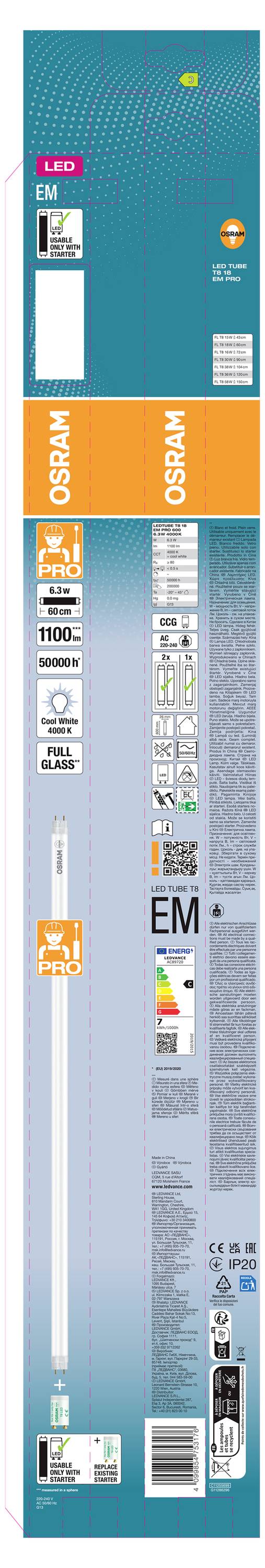 OSRAM LED FM balíček produktu, vysoký modrozelený a oranžový štítek zobrazující specifikace lampy, energetické hodnocení a čárový kód.