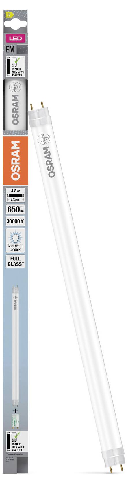 OSRAM LED trubicové osvětlení balení a obraz produktu, zobrazující štíhlou bílou plnoskelnou lineární lampu s pinový konektory, jmenovitý výkon 4,8W a 650 lumenů.