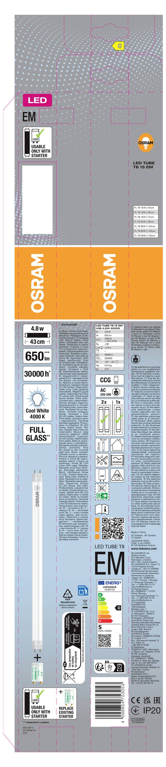 Obalování LED lampy OSRAM s detaily produktu, ikonami, specifikacemi a velkým oranžovým panelem s logem OSRAM.