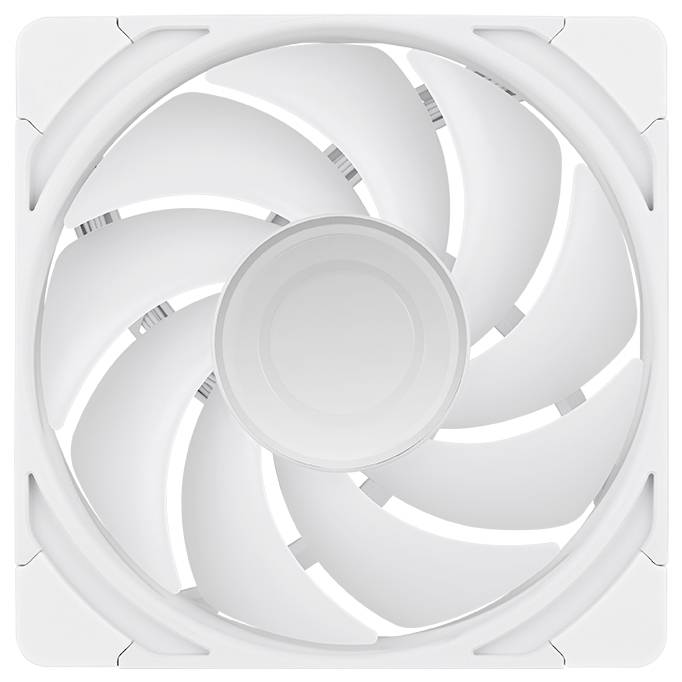 Bílý čtvercový ventilační ventilátor pohled zepředu se zakřivenými lopatkami kolem centrálního náboje.