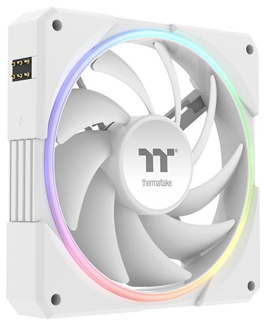 Bílý chladící ventilátor počítače Thermaltake s duhovým RGB světelným prstencem na přední straně čtvercové skříně.